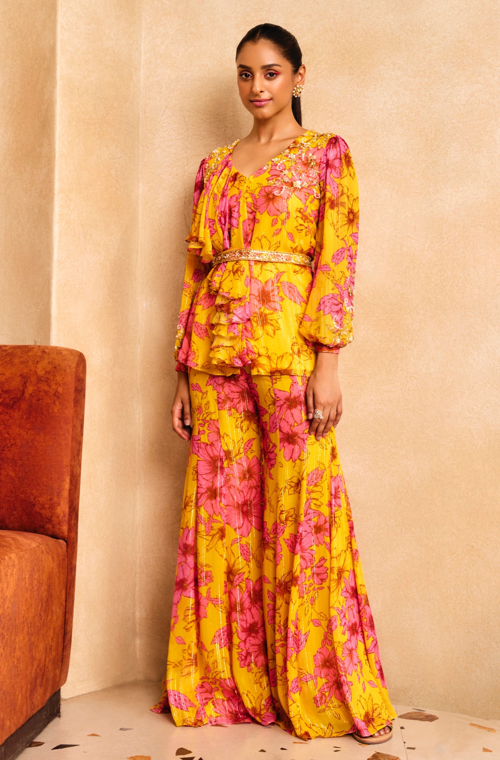 Alana – yellow georgette suit, bisouNYC