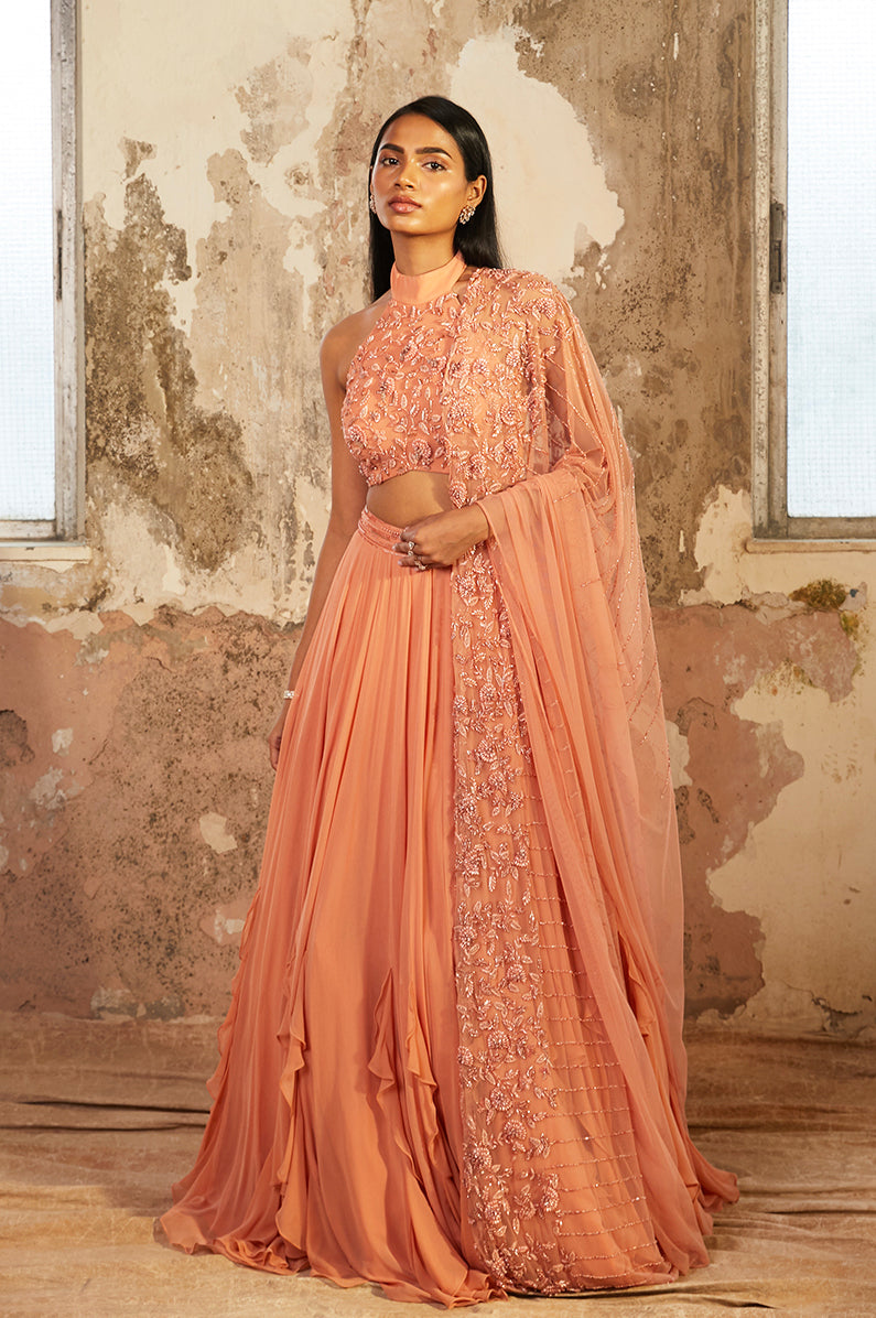 Amelia – peach georgette lehenga, bisouNYC