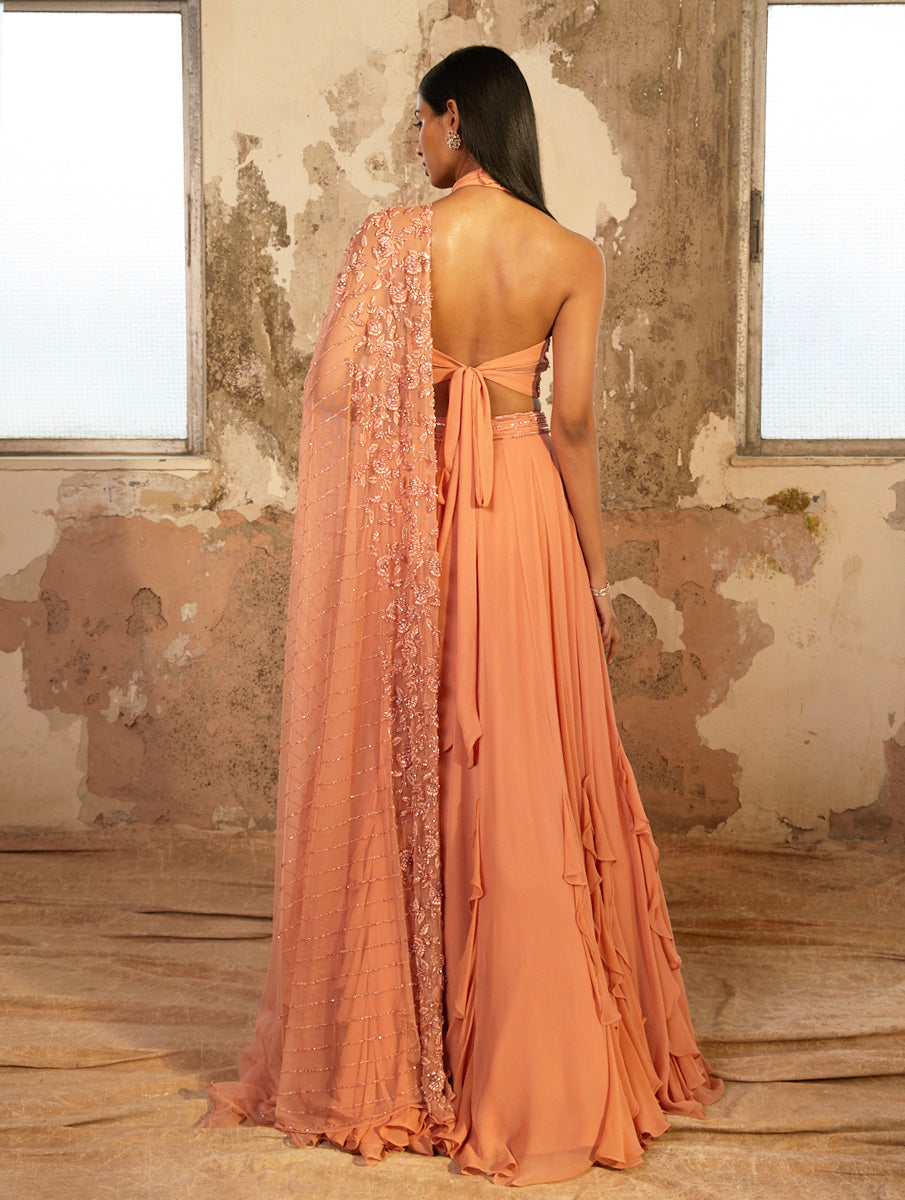 Amelia – peach georgette lehenga, bisouNYC