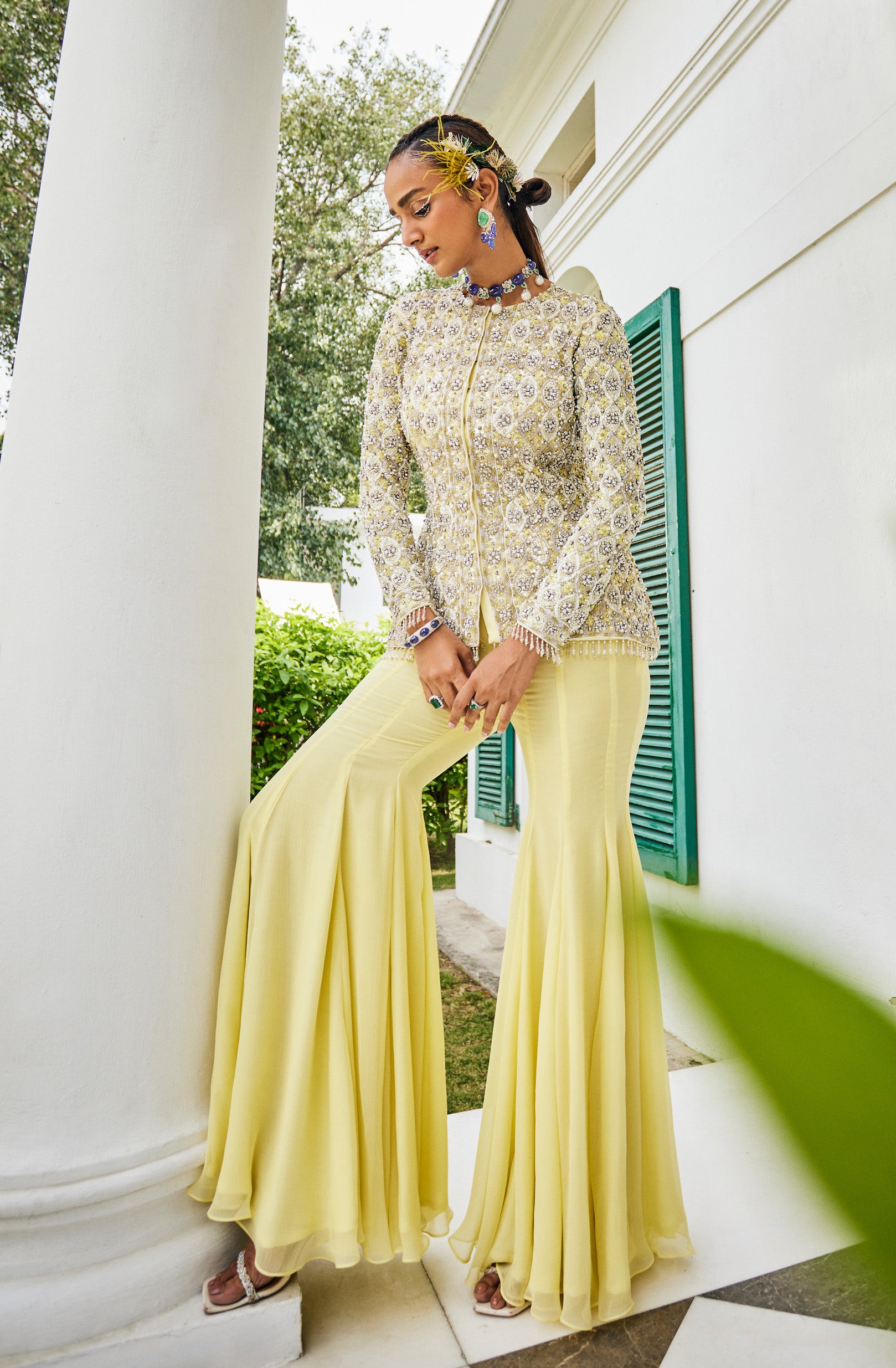Annabelle – yellow chiffon suit, bisouNYC