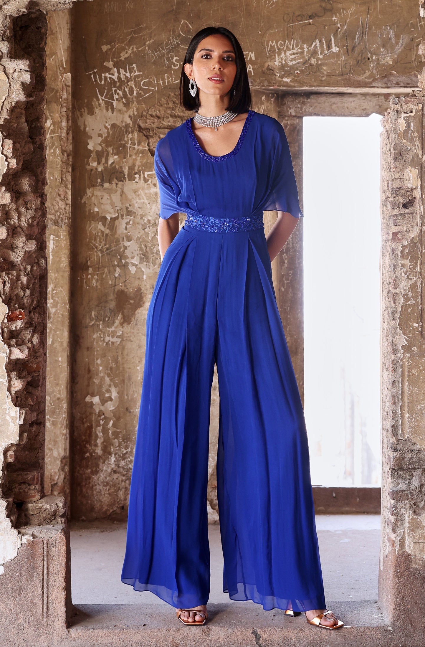 Bella – blue georgette suit, bisouNYC