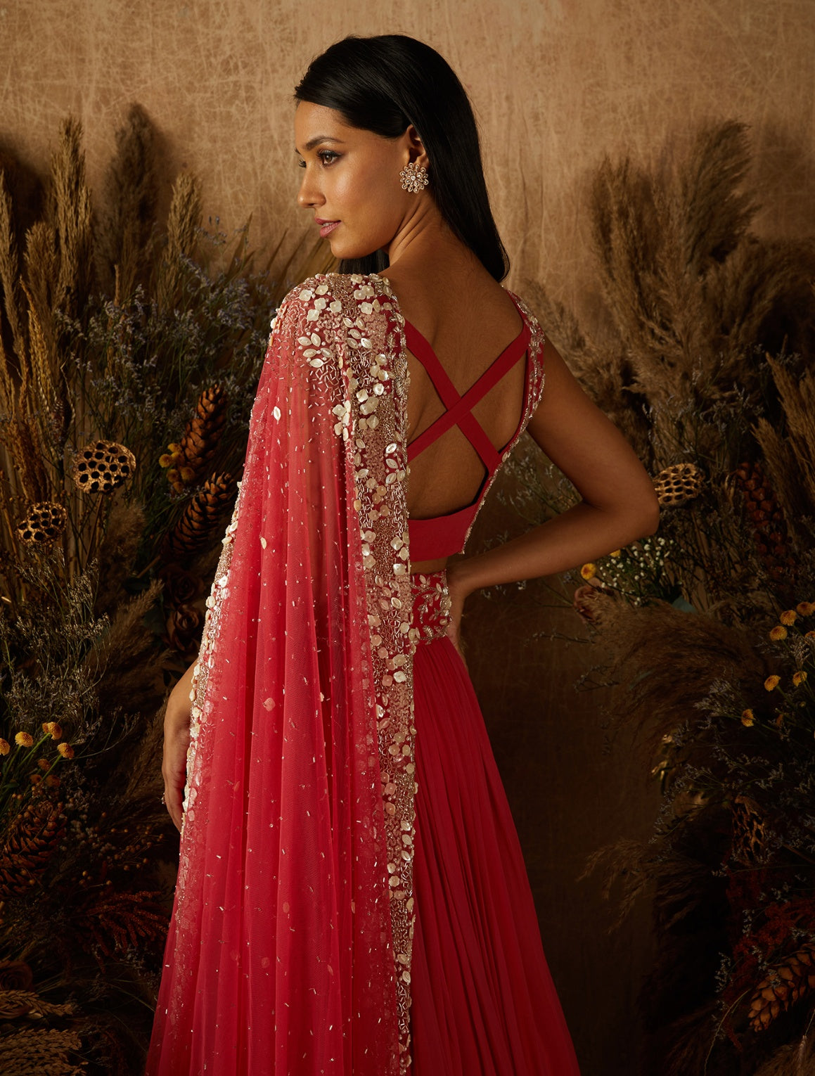 Caroline – coral georgette lehenga, bisouNYC