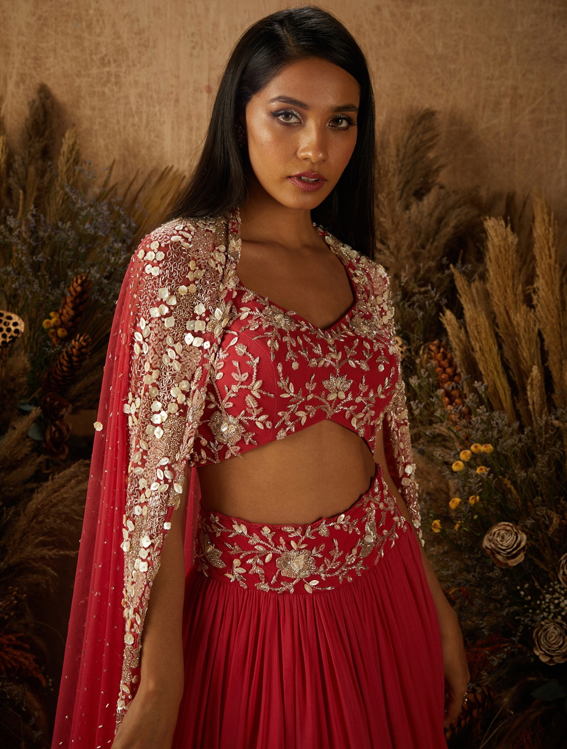 Caroline – coral georgette lehenga, bisouNYC
