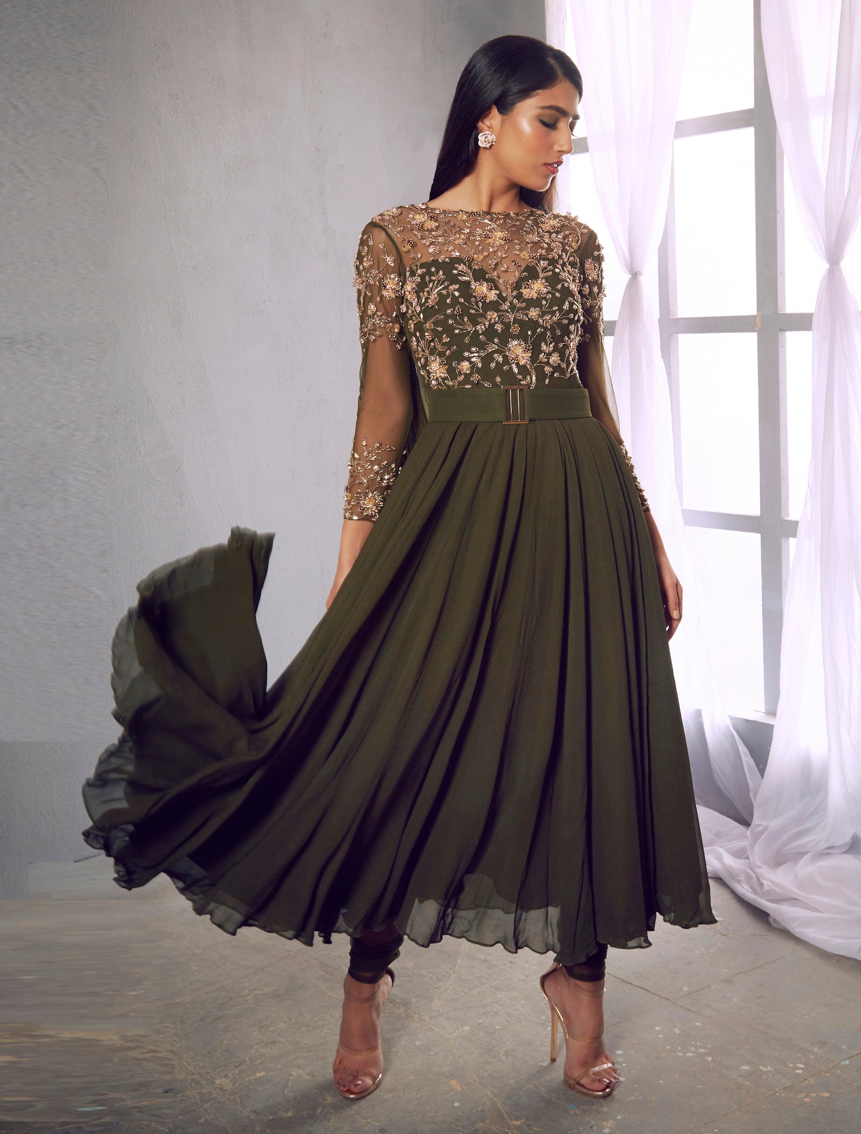 Celadon – green georgette suit, bisouNYC