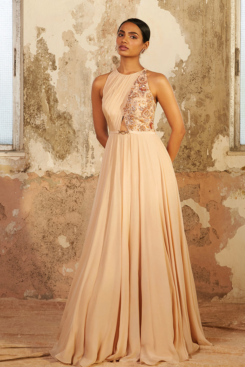 Demi – beige crepe dress, bisouNYC