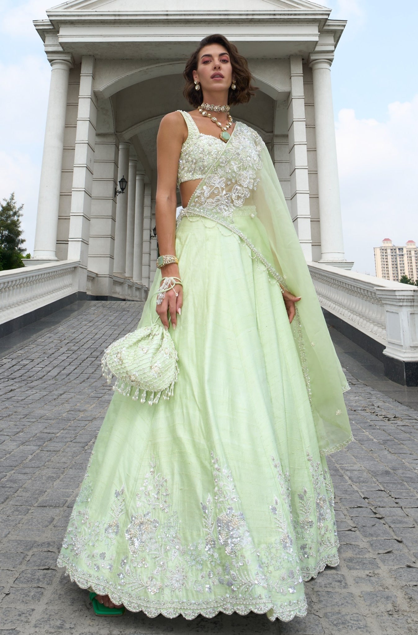 Disha – green silk lehenga, bisouNYC