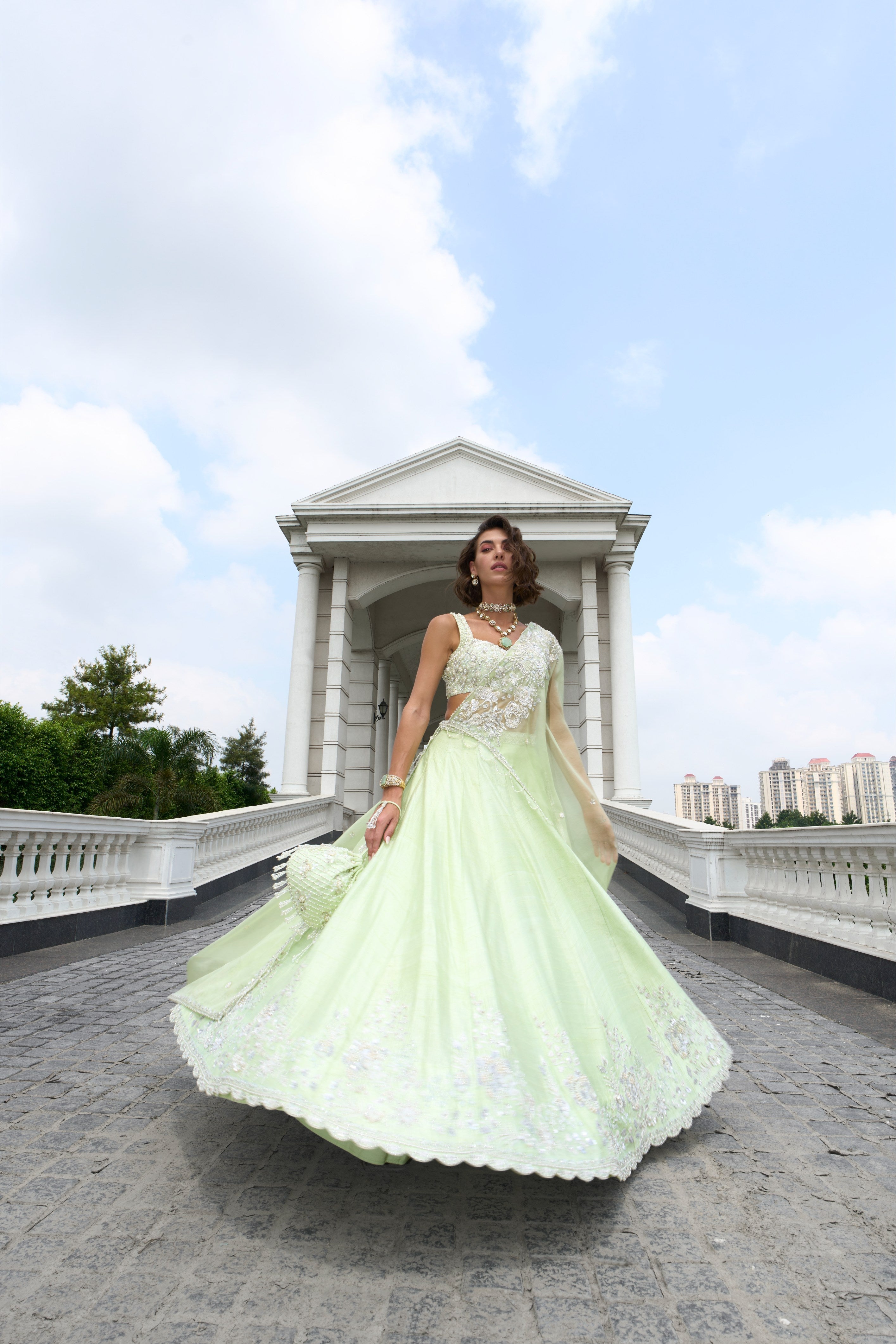 Disha – green silk lehenga, bisouNYC