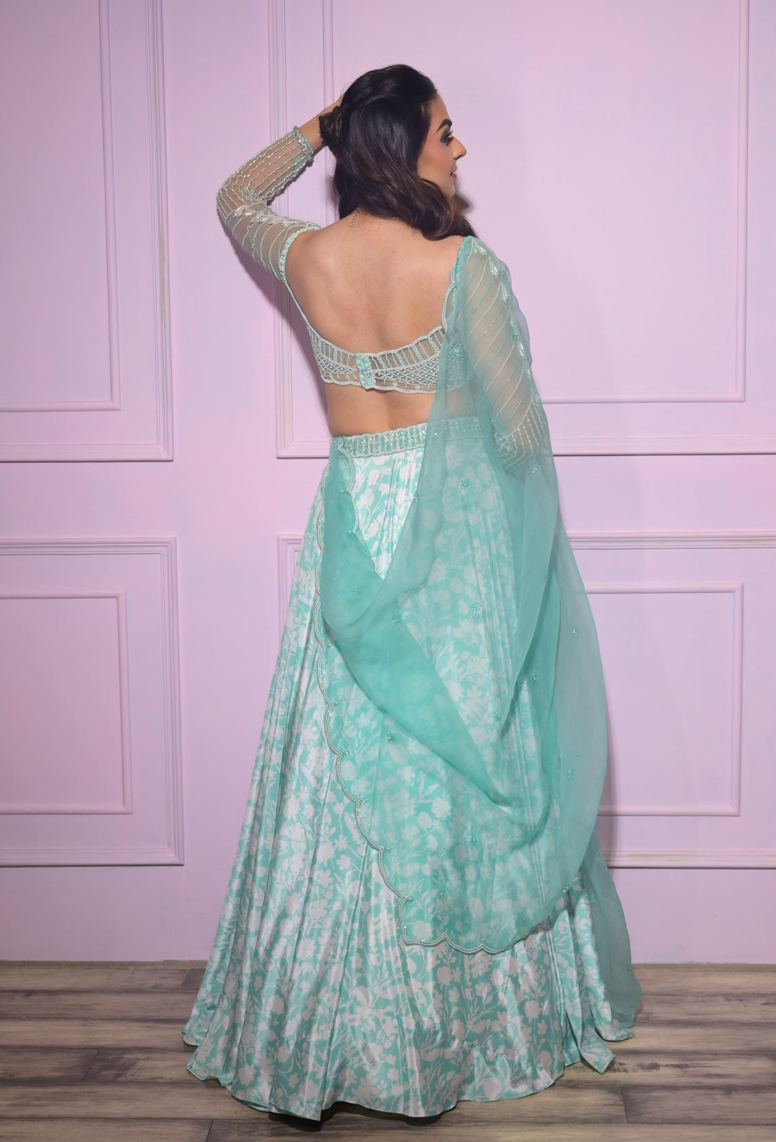 Eliza – green organza lehenga, bisouNYC