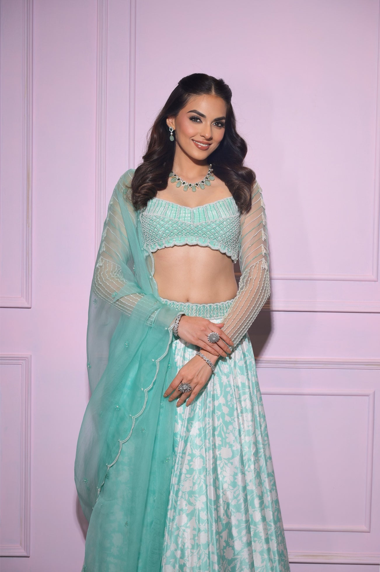 Eliza – green organza lehenga, bisouNYC