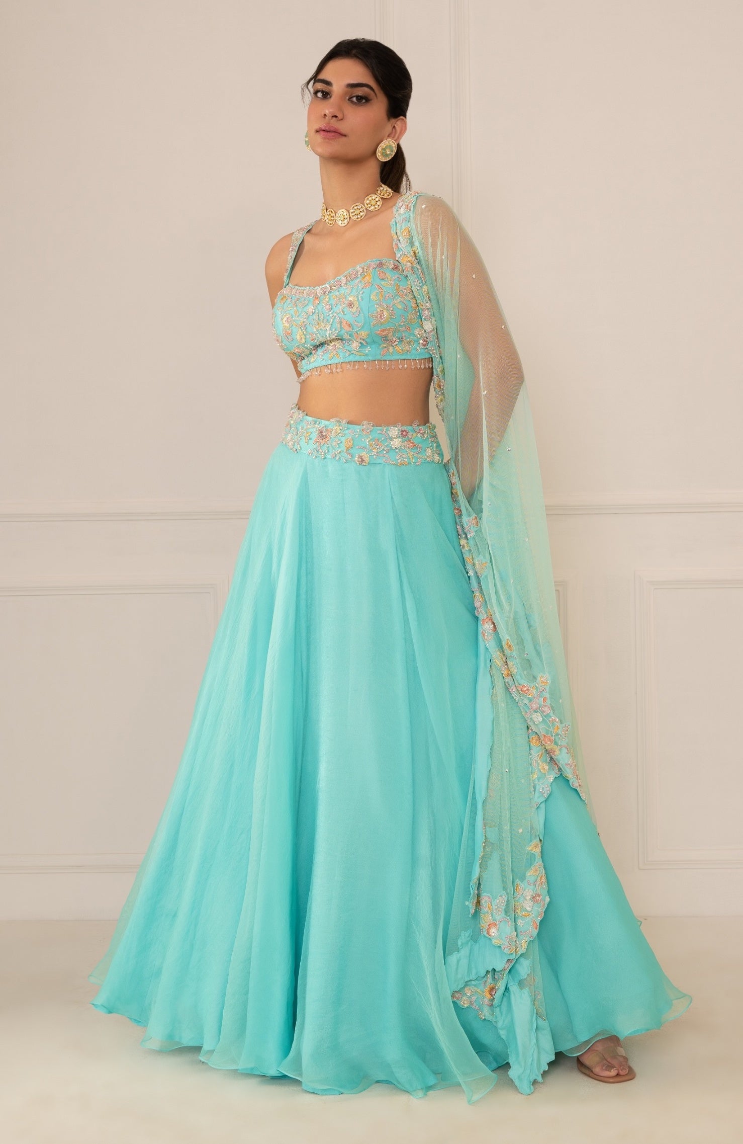 Esha – turquoise organza lehenga, bisouNYC