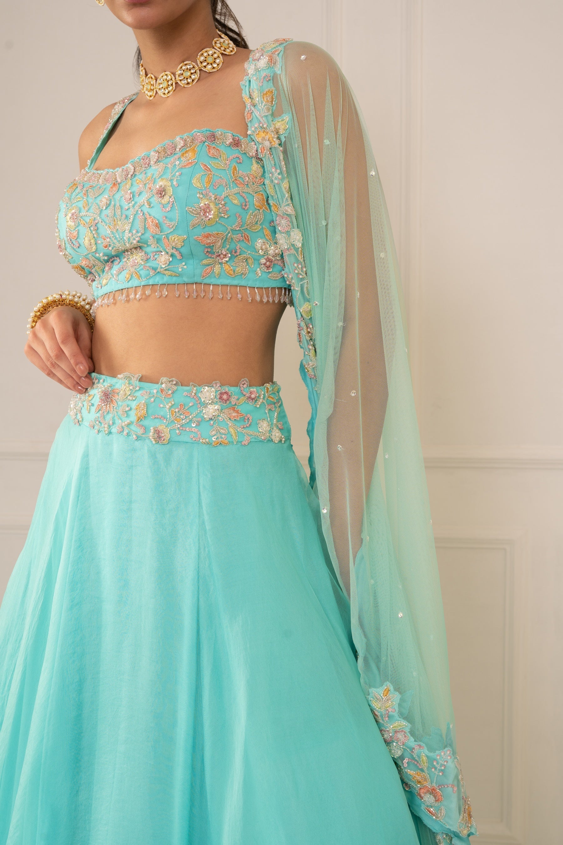 Esha – turquoise organza lehenga, bisouNYC