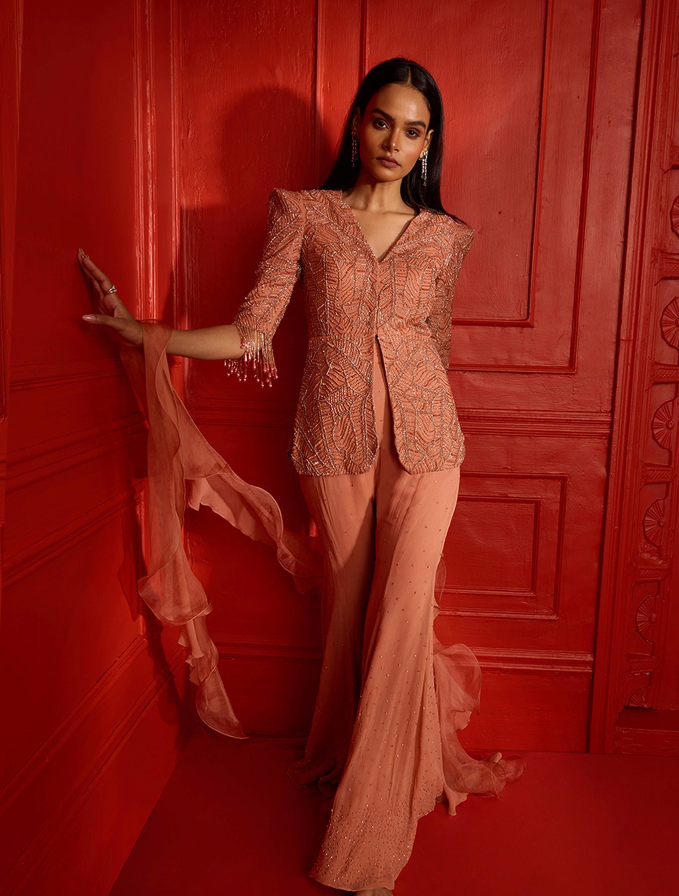 Gabby – peach organza suit, bisouNYC
