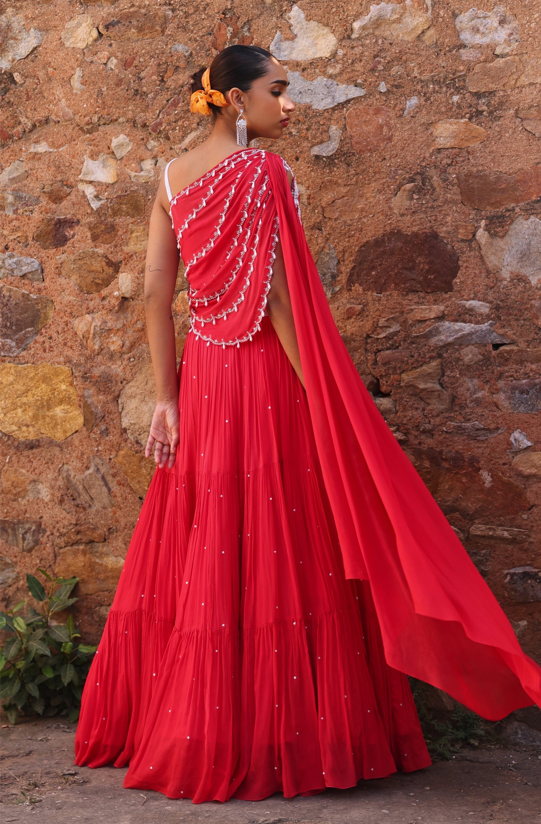 Heer – coral chiffon lehenga, bisouNYC
