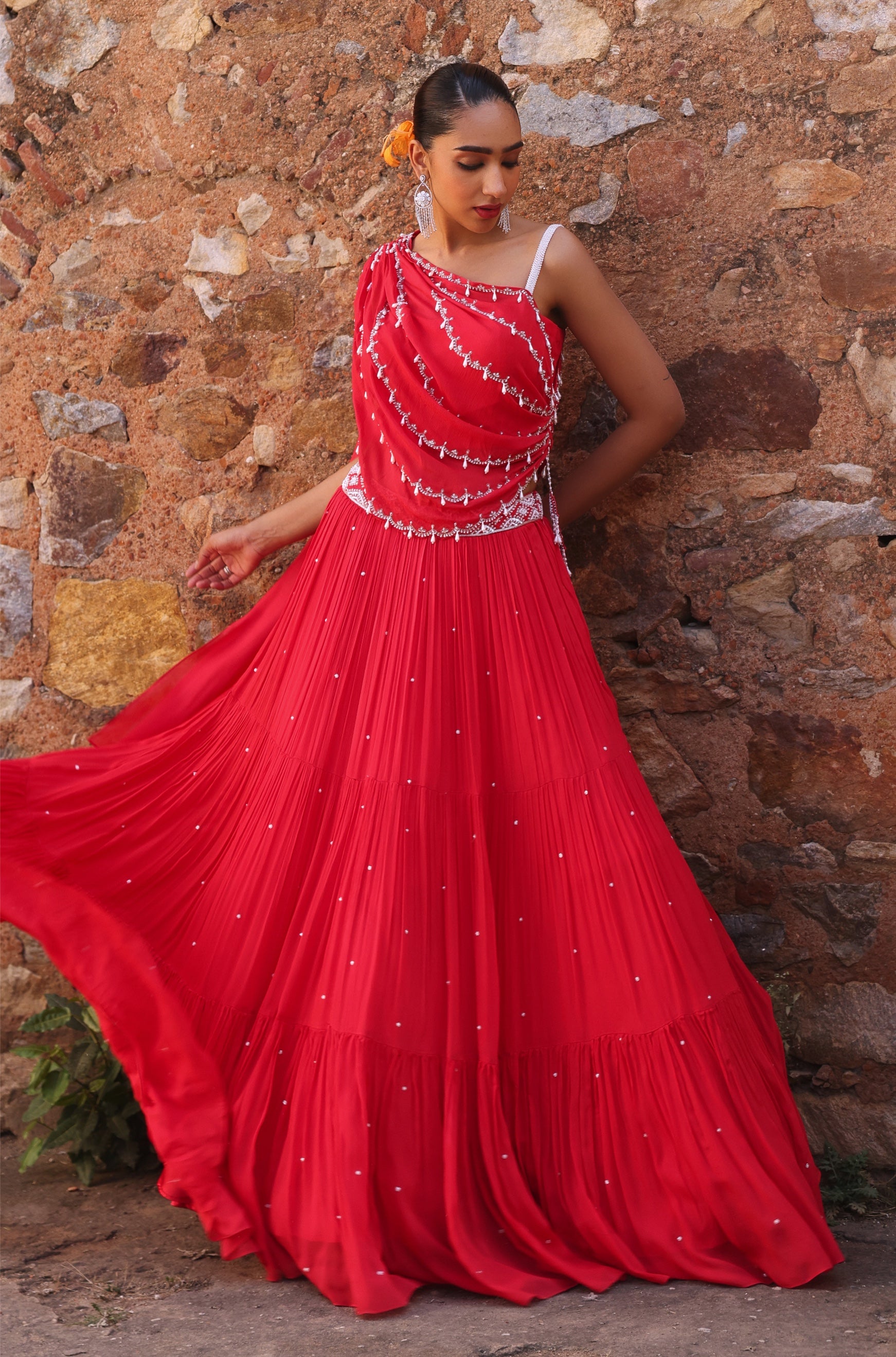 Heer – coral chiffon lehenga, bisouNYC