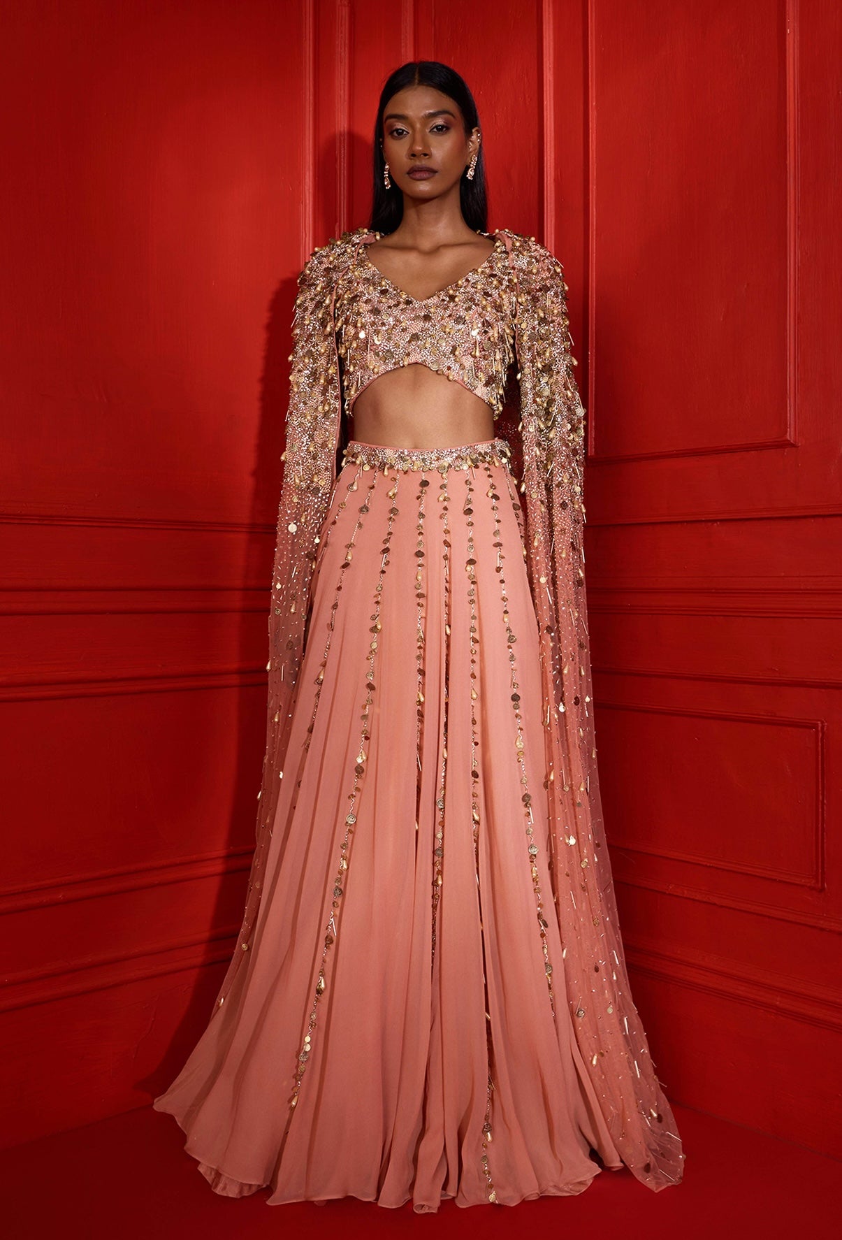 Herra – peach georgette lehenga, bisouNYC