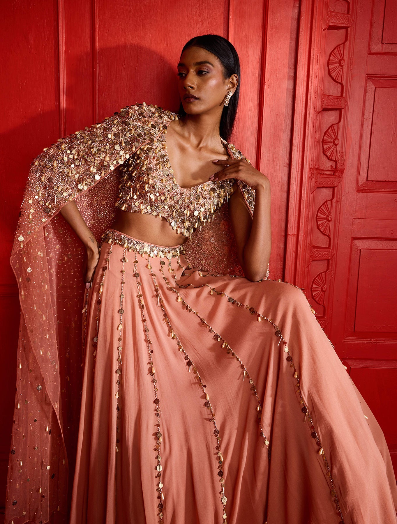 Herra – peach georgette lehenga, bisouNYC