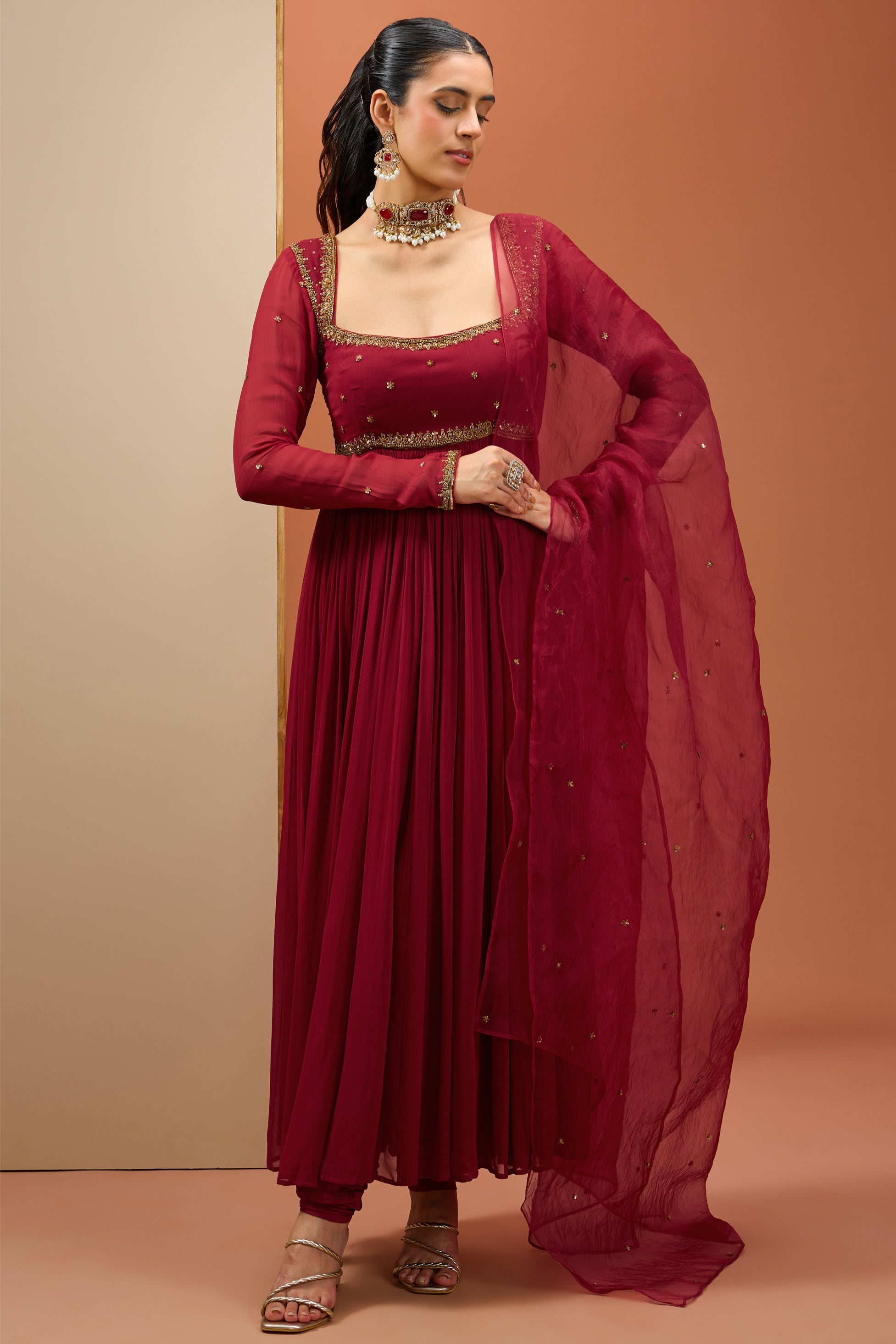 Isha – maroon organza suit, bisouNYC
