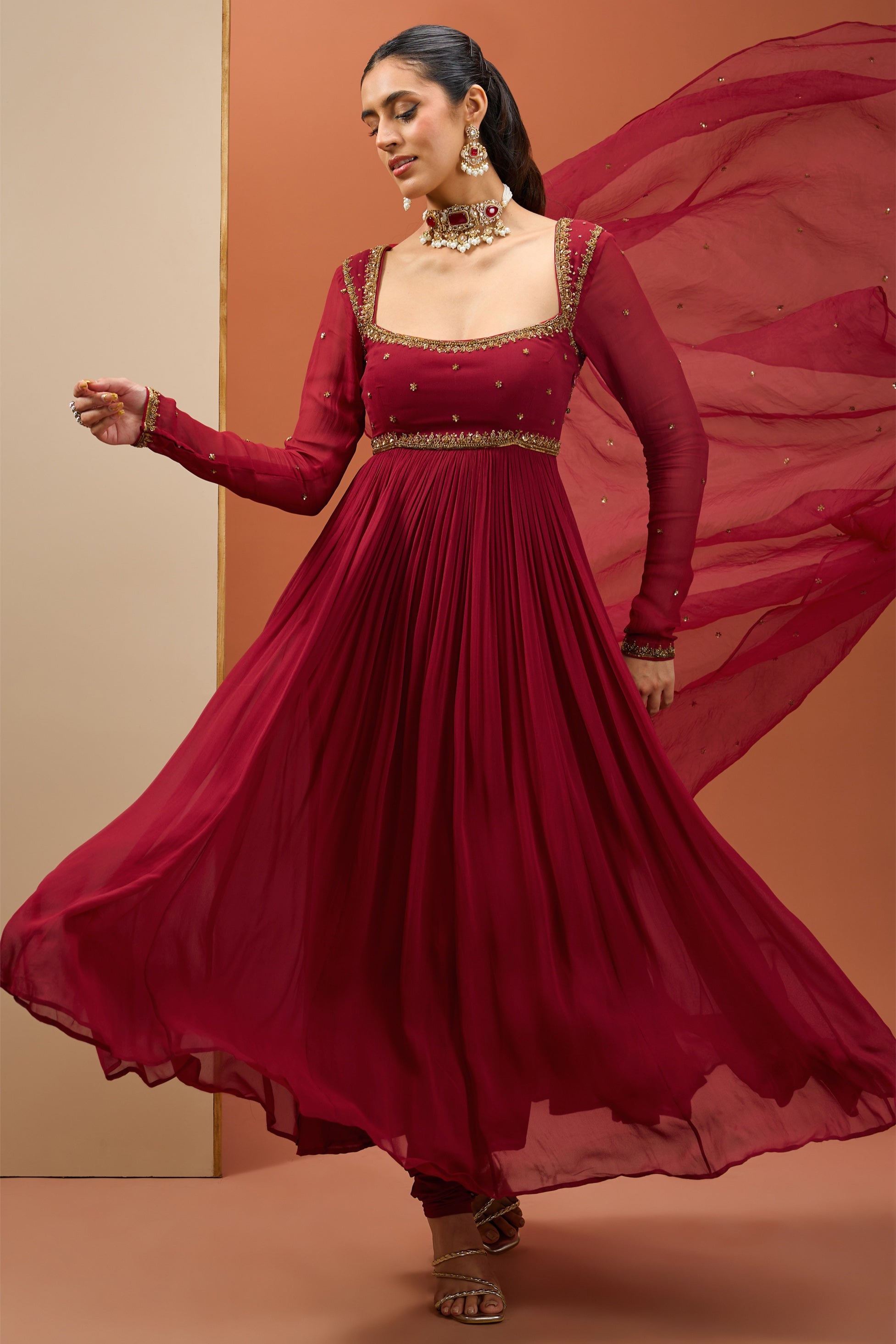 Isha – maroon organza suit, bisouNYC