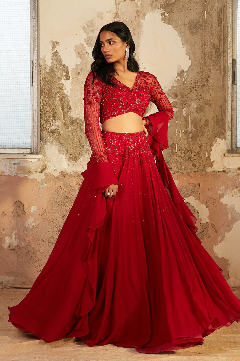 Lara – red georgette lehenga, bisouNYC