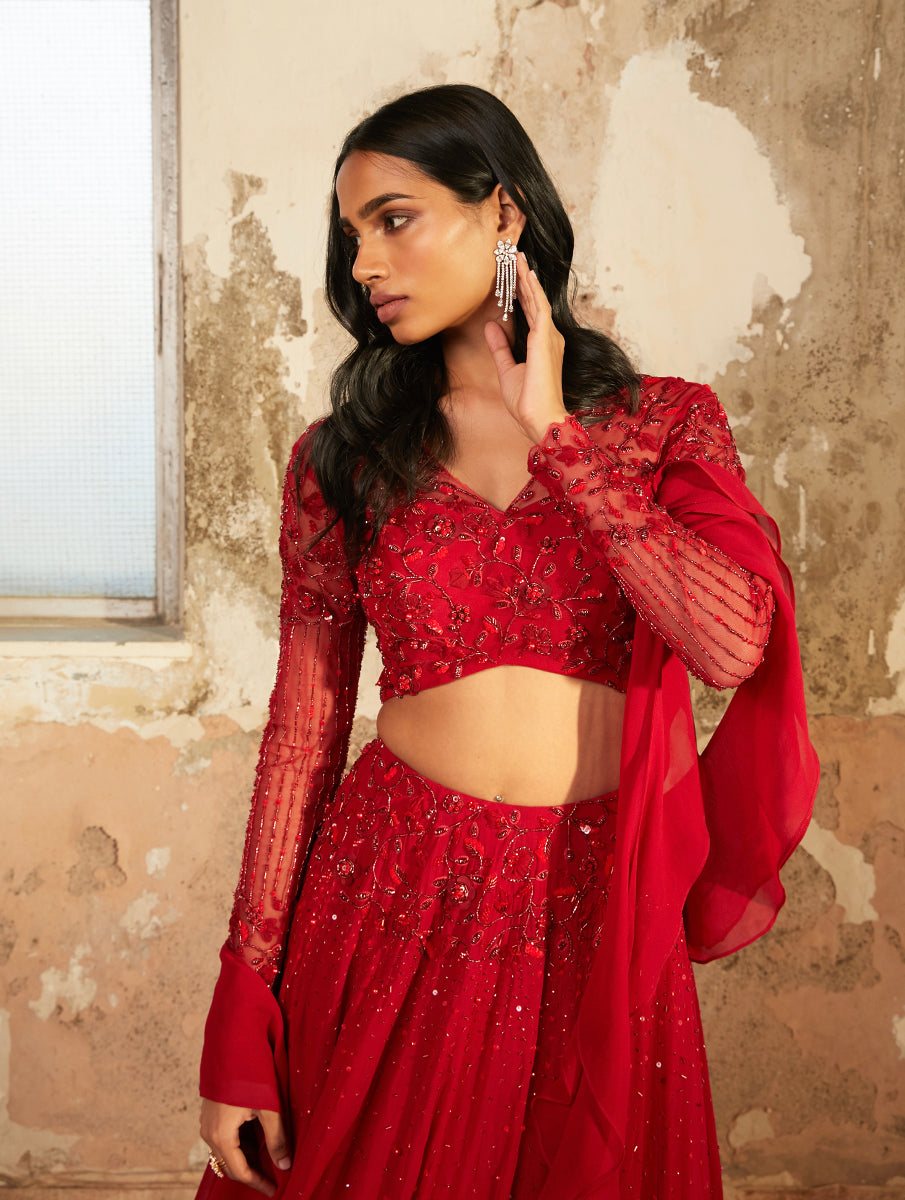 Lara – red georgette lehenga, bisouNYC