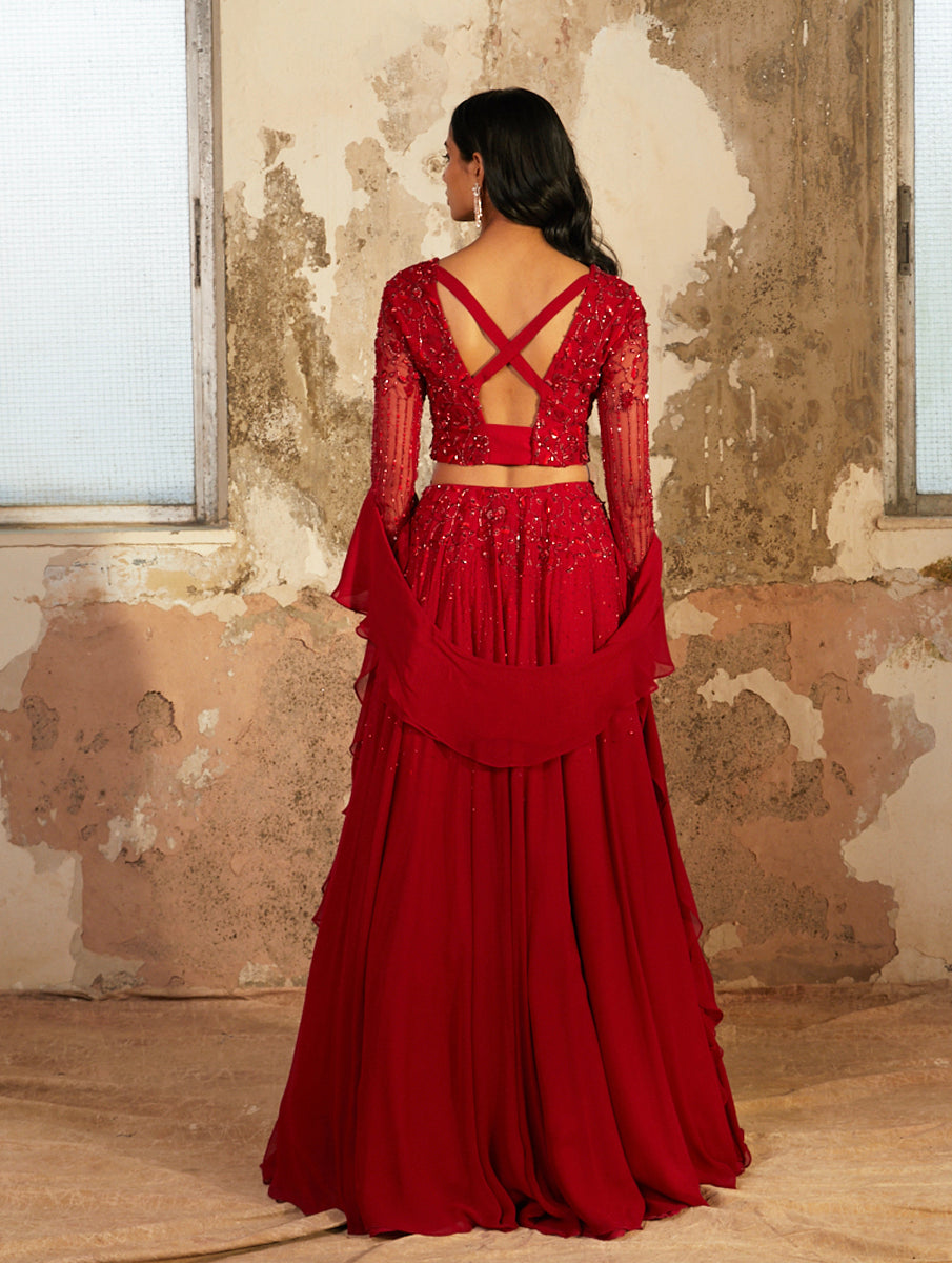 Lara – red georgette lehenga, bisouNYC