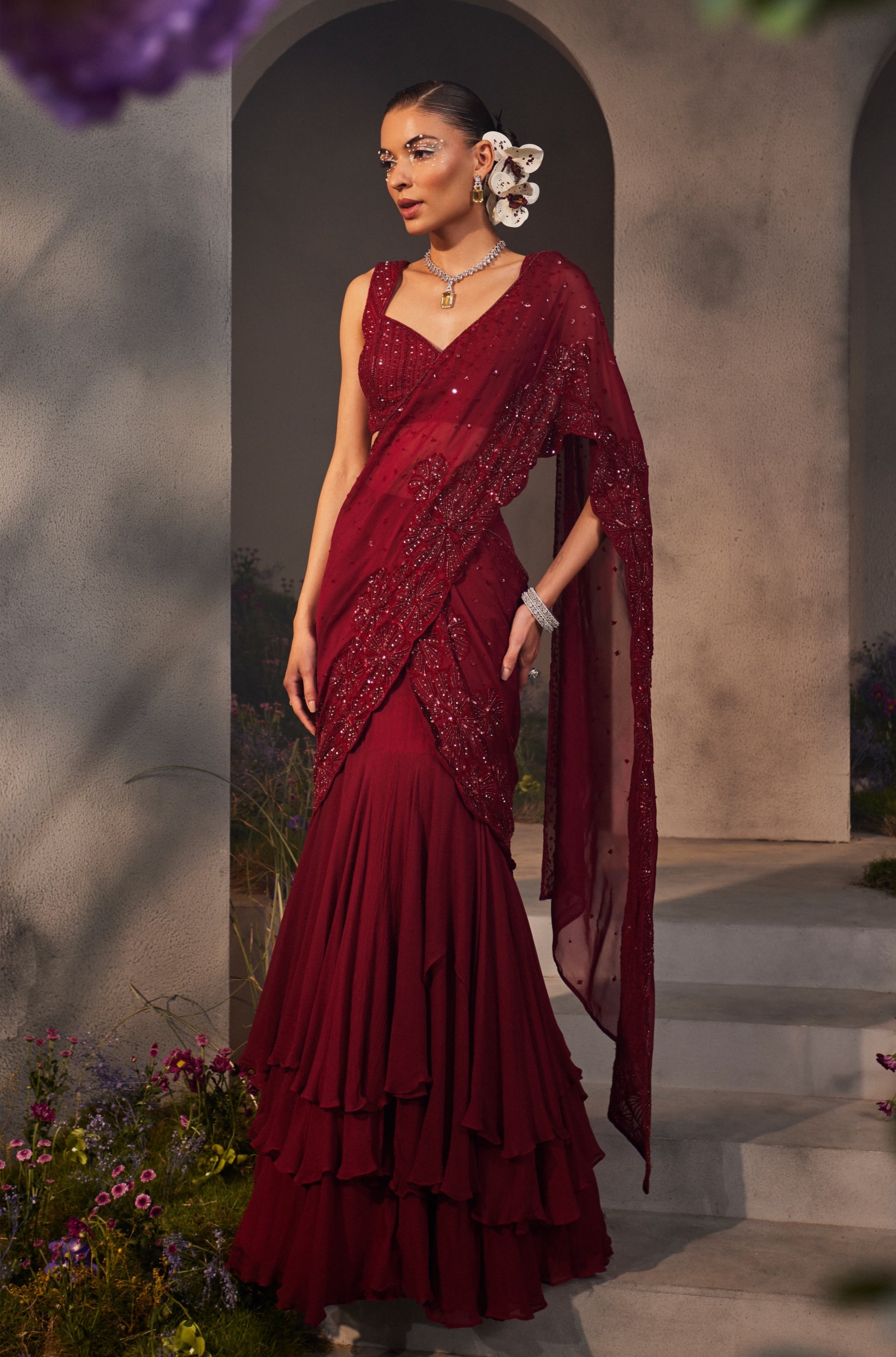 Leila – maroon silk lehenga, bisouNYC