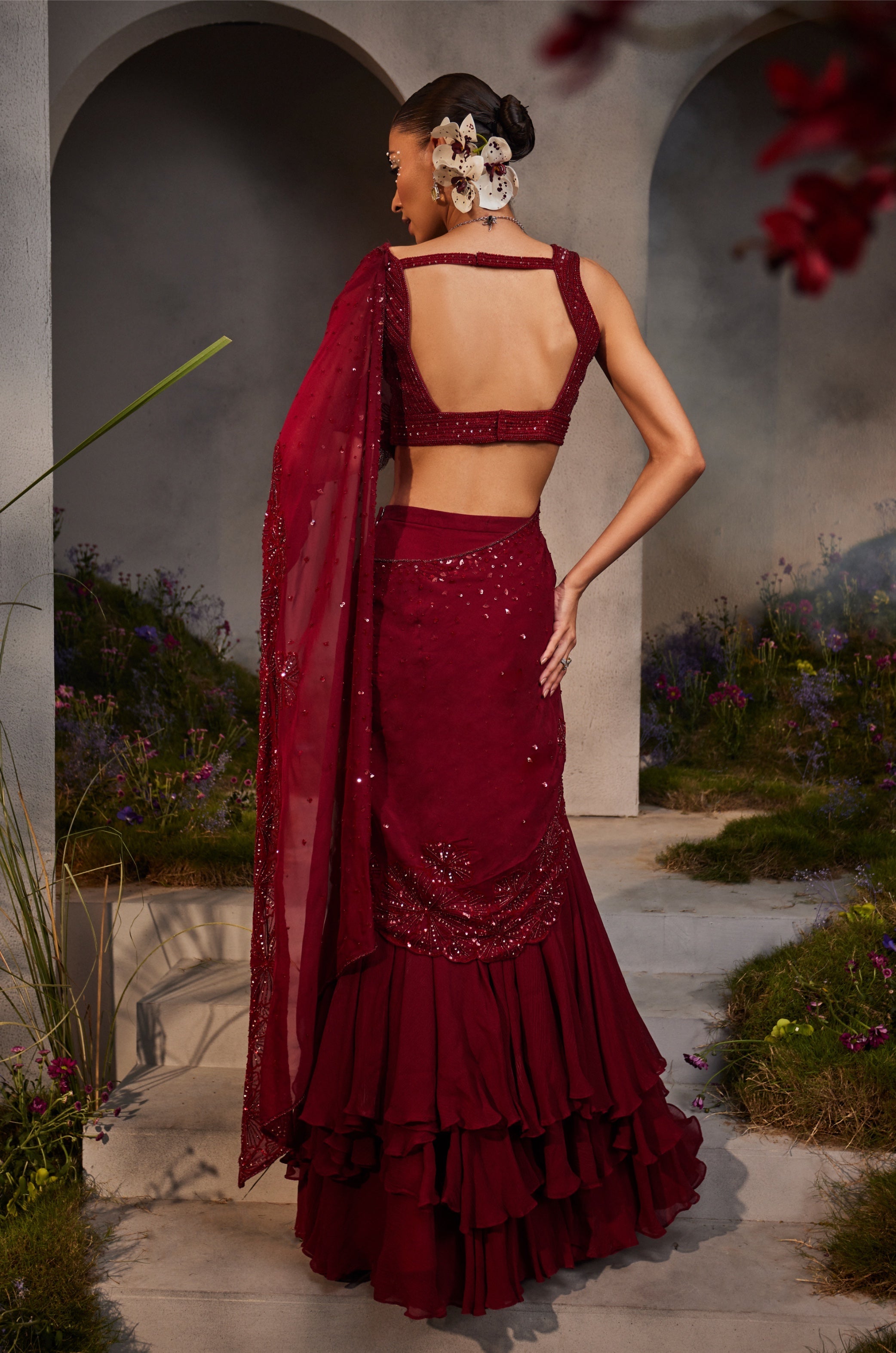 Leila – maroon silk lehenga, bisouNYC