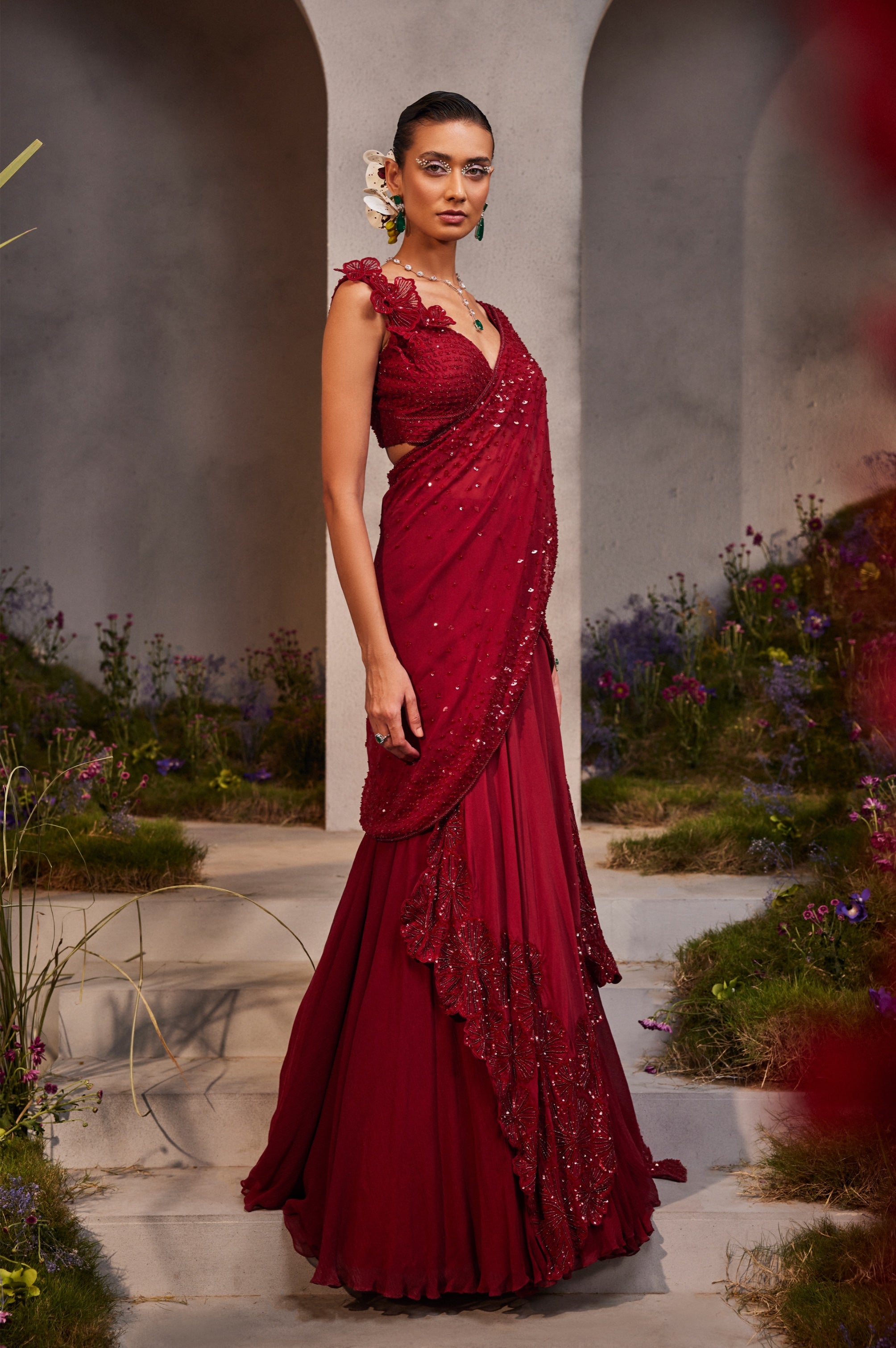 Leilani – maroon organza lehenga, bisouNYC