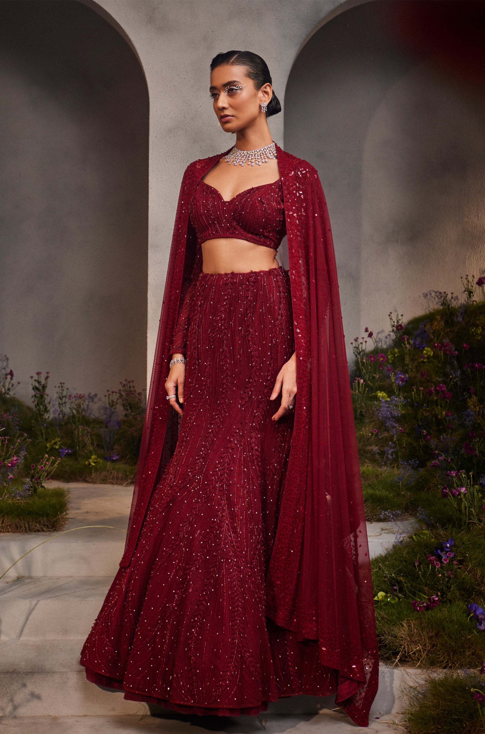 Lucia – maroon organza lehenga, bisouNYC