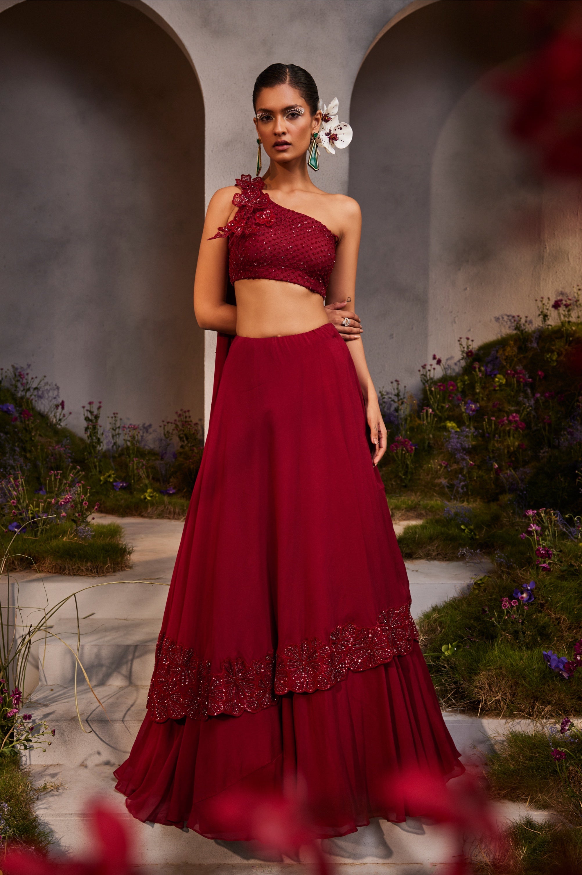 Lyla – maroon organza lehenga, bisouNYC