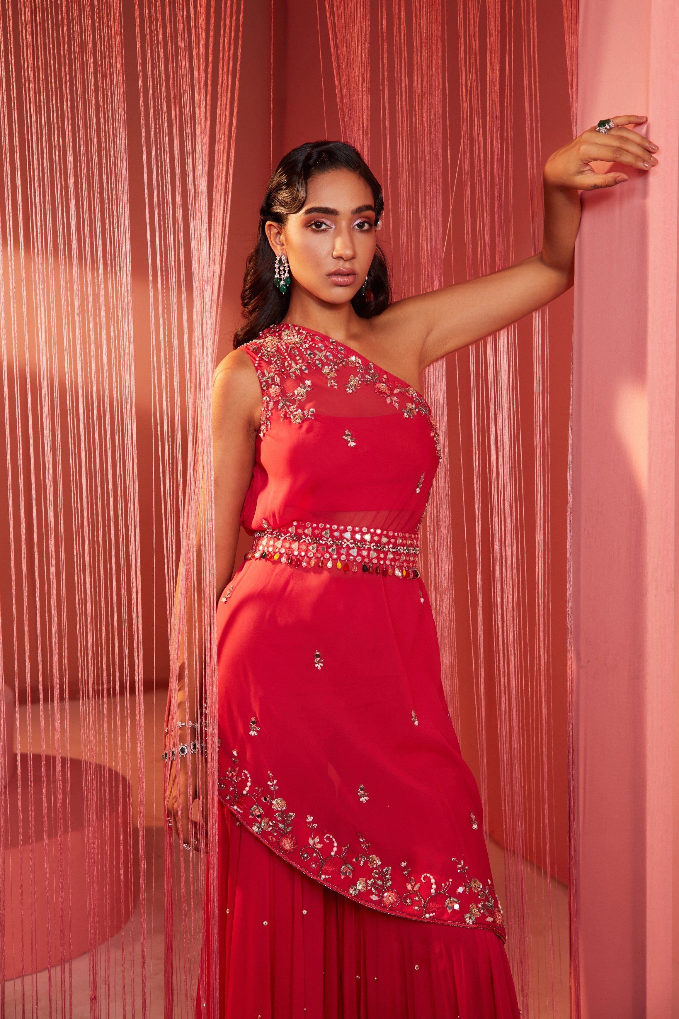 Maira – coral georgette suit, bisouNYC