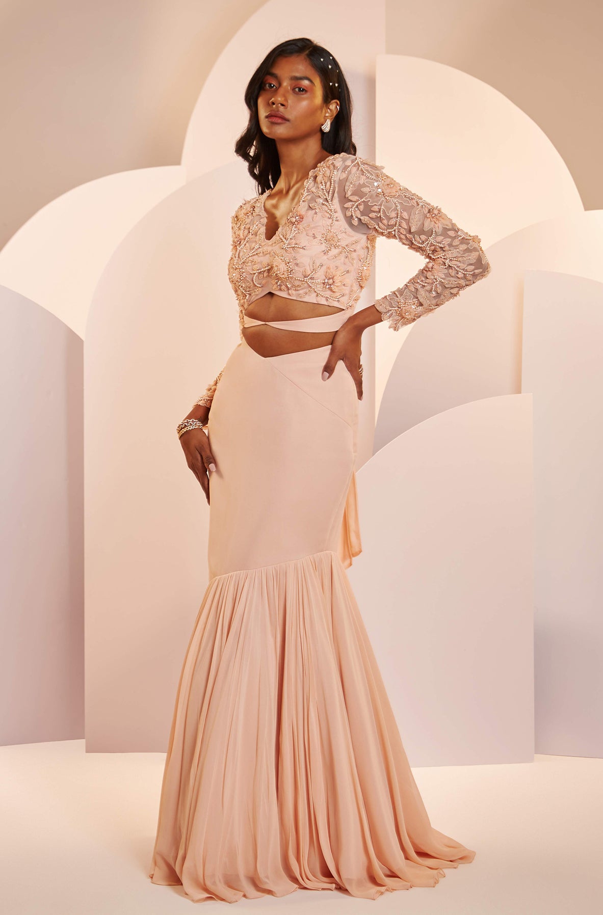 Mindy – peach georgette lehenga, bisouNYC