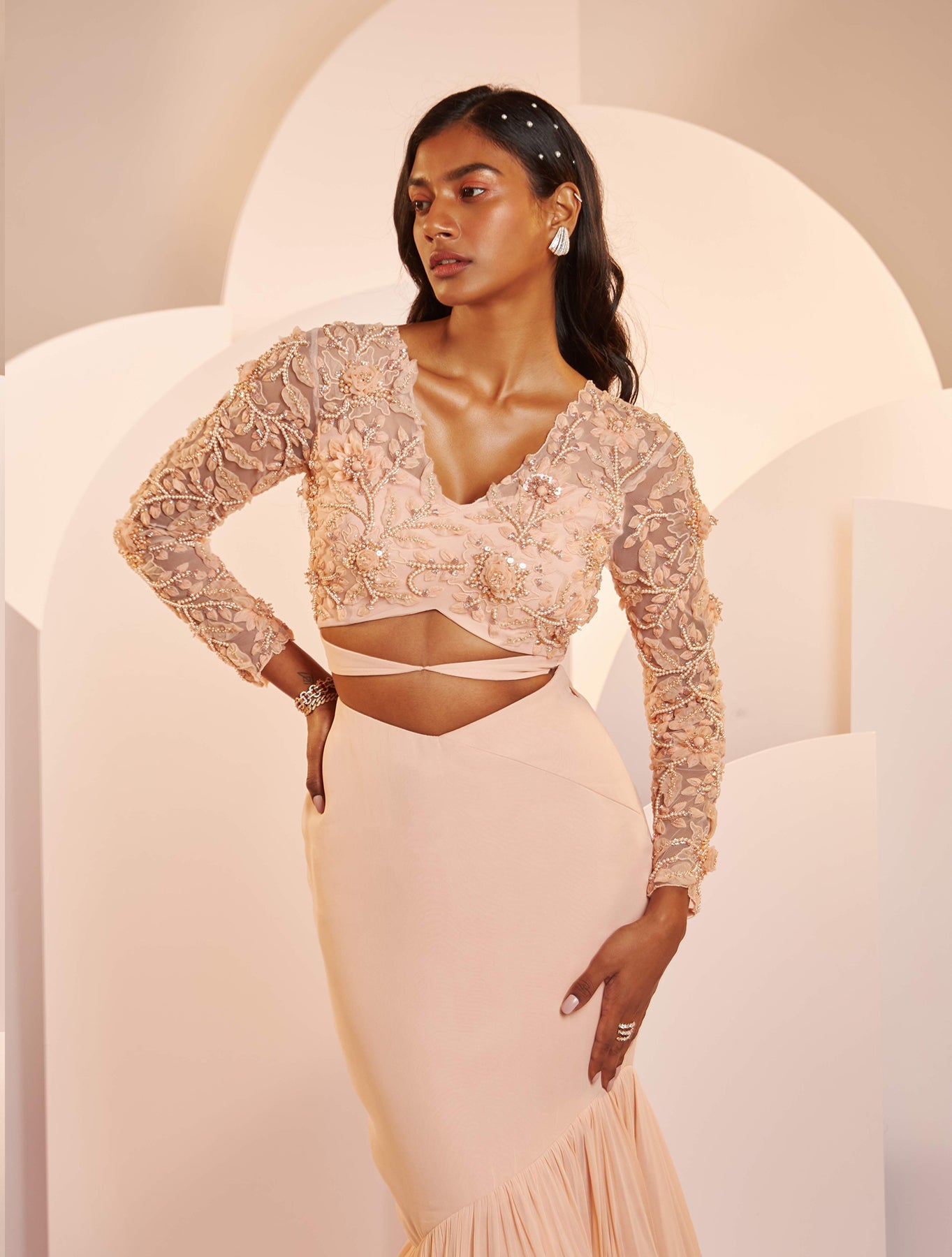 Mindy – peach georgette lehenga, bisouNYC