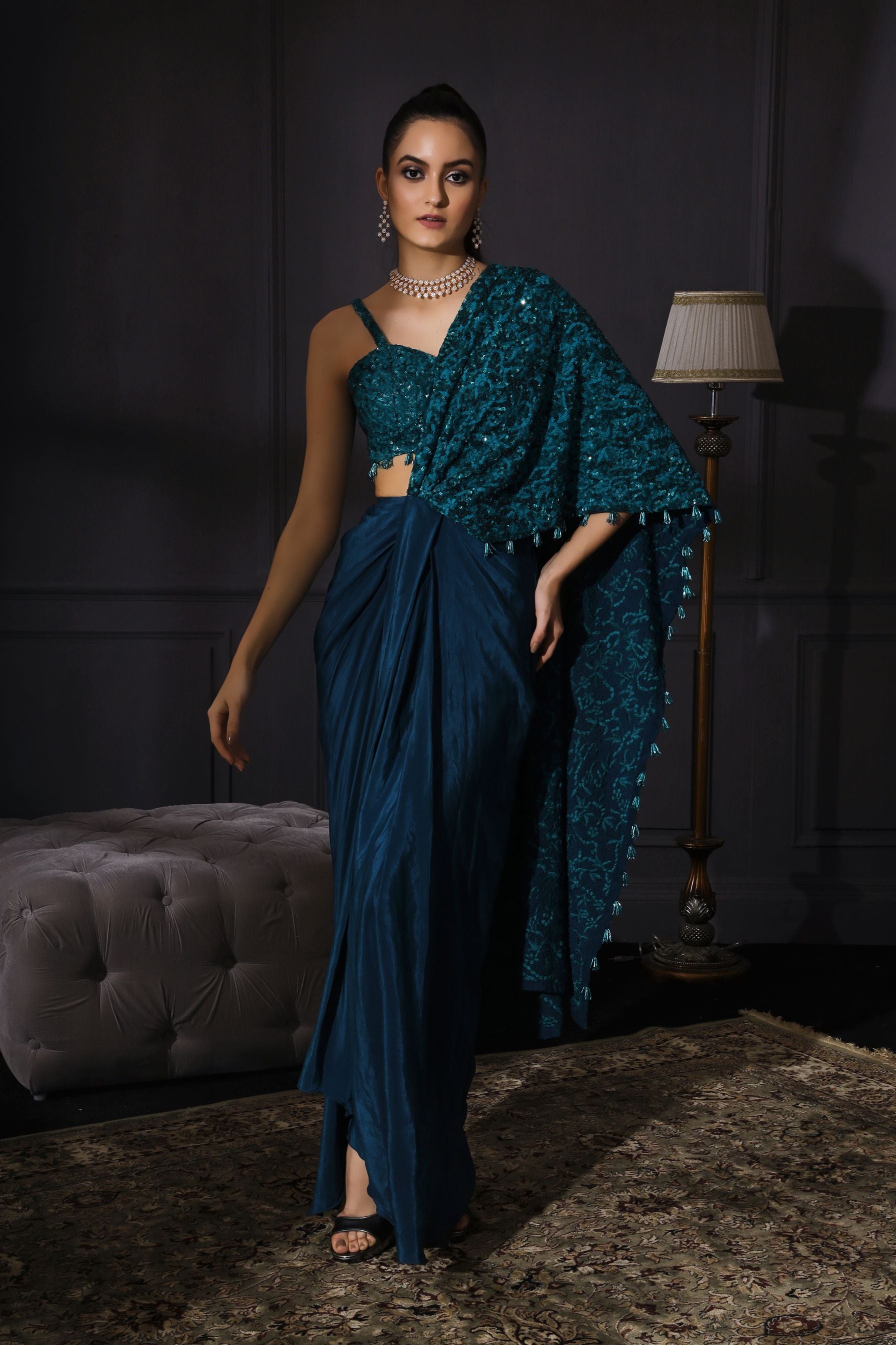 Mira – teal organza saree, bisouNYC