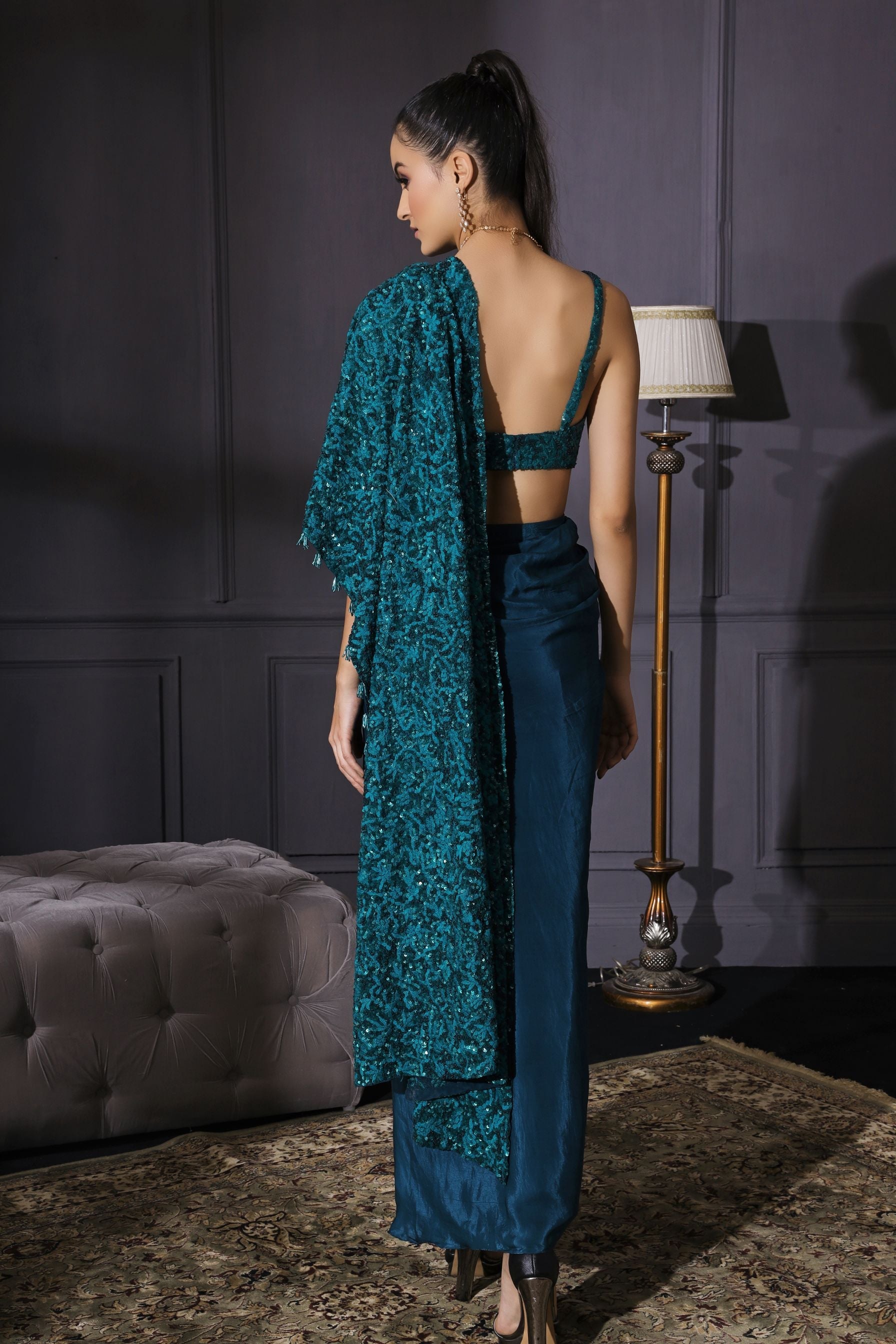 Mira – teal organza saree, bisouNYC
