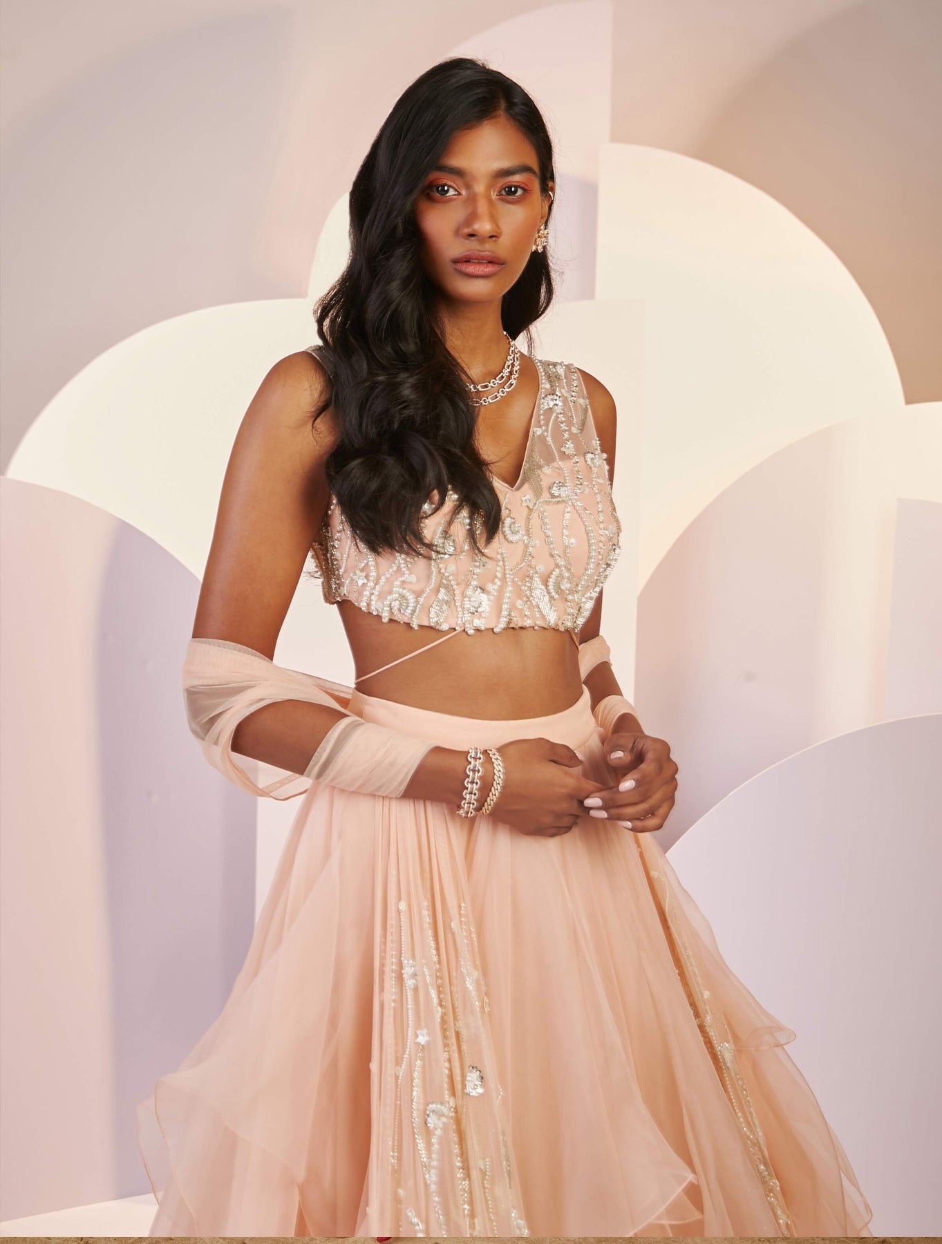 Modena – peach organza lehenga, bisouNYC