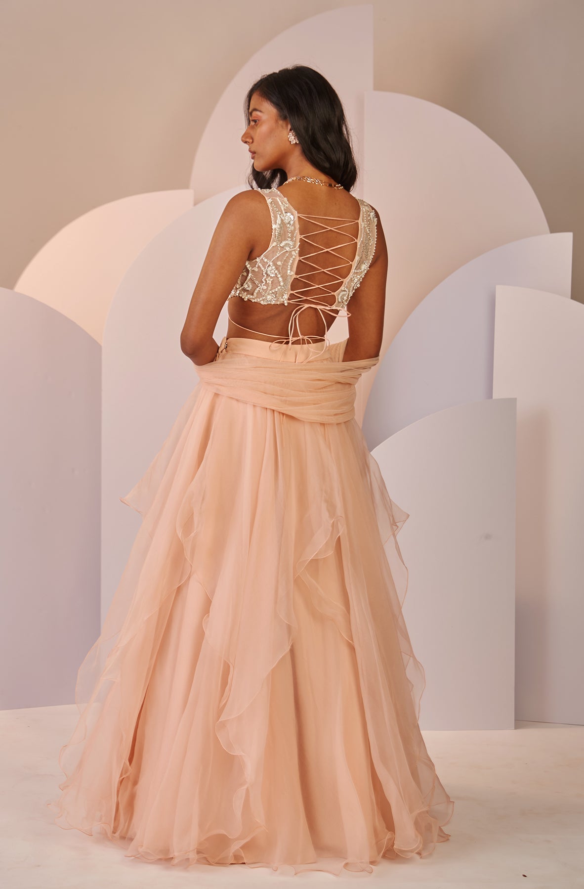 Modena – peach organza lehenga, bisouNYC