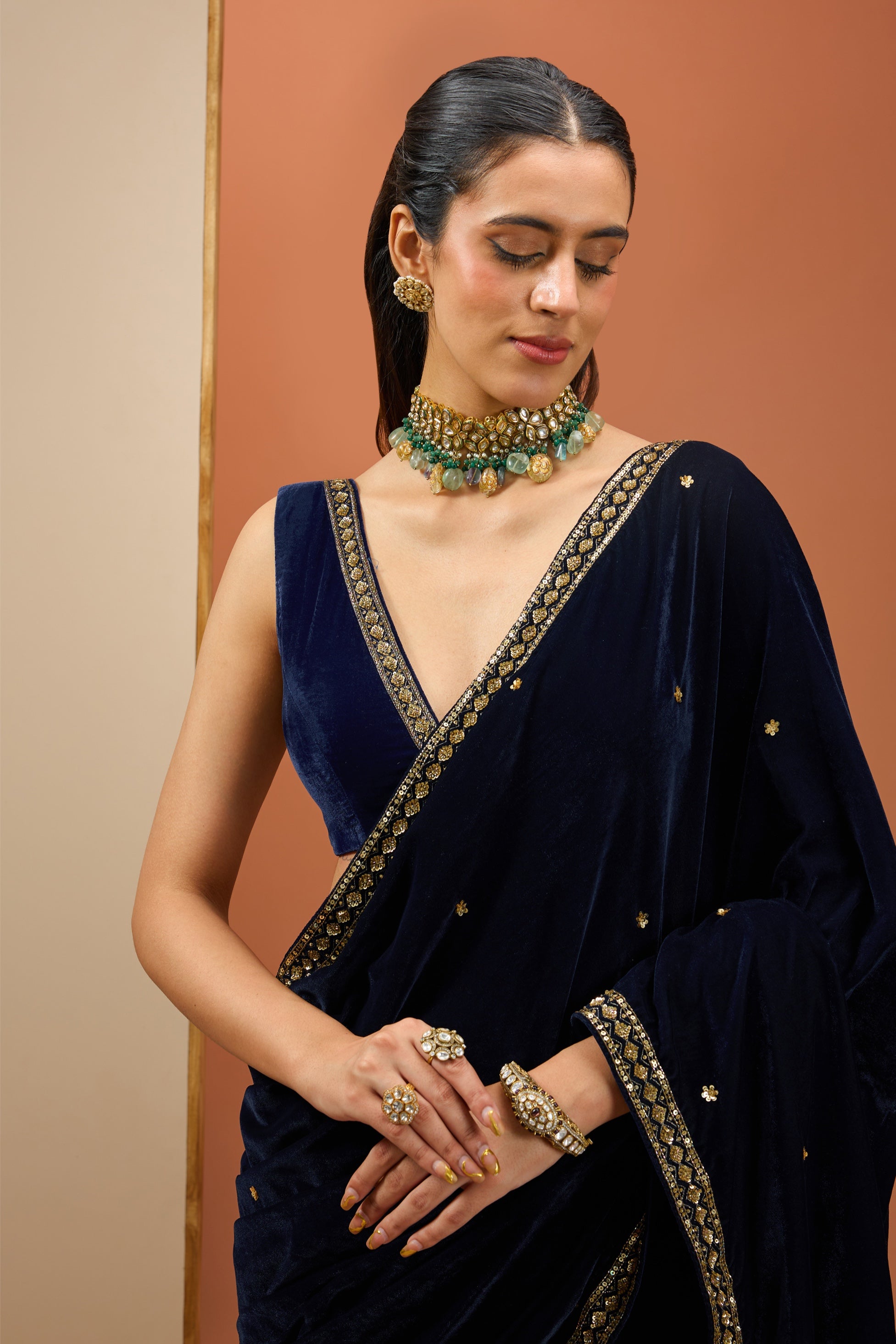 Paro – blue velvet saree, bisouNYC