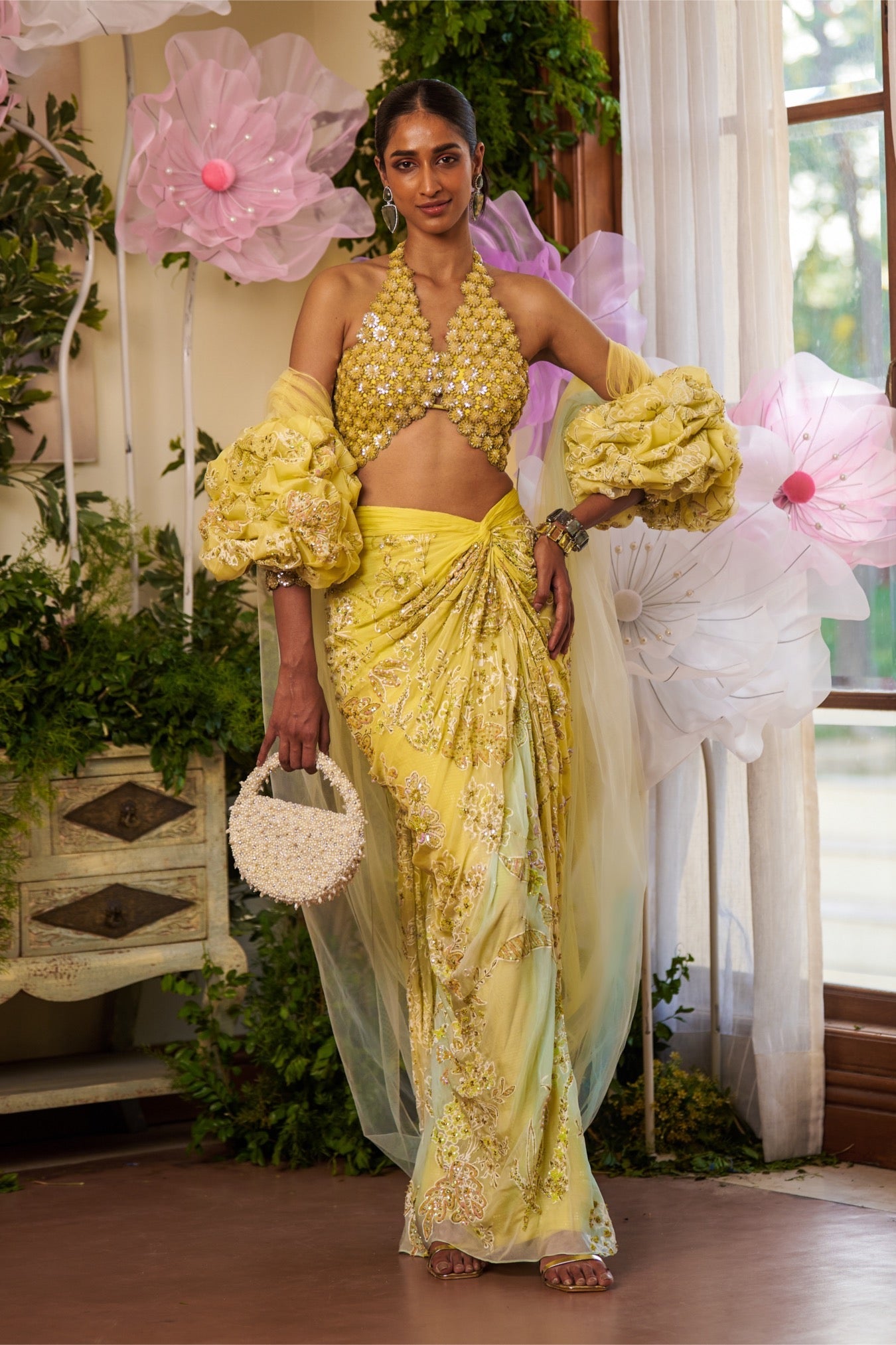 Reya – yellow organza saree, bisouNYC
