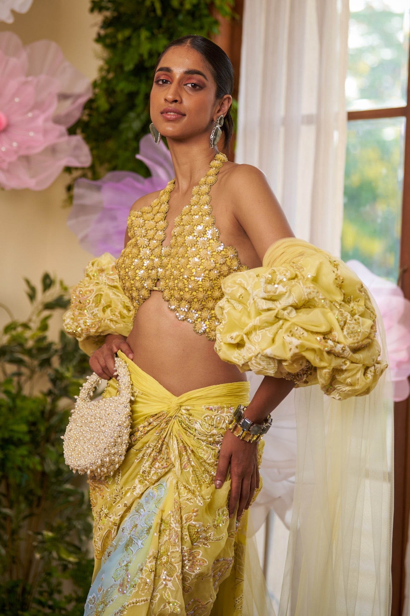 Reya – yellow organza saree, bisouNYC