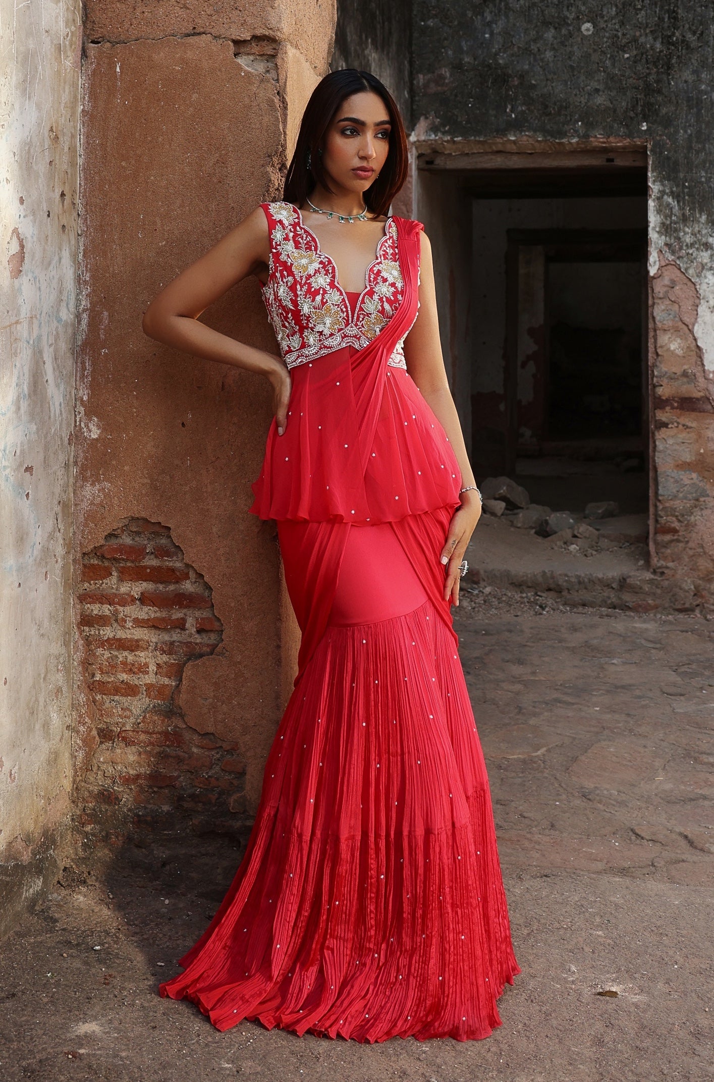 Roshni – coral organza lehenga, bisouNYC
