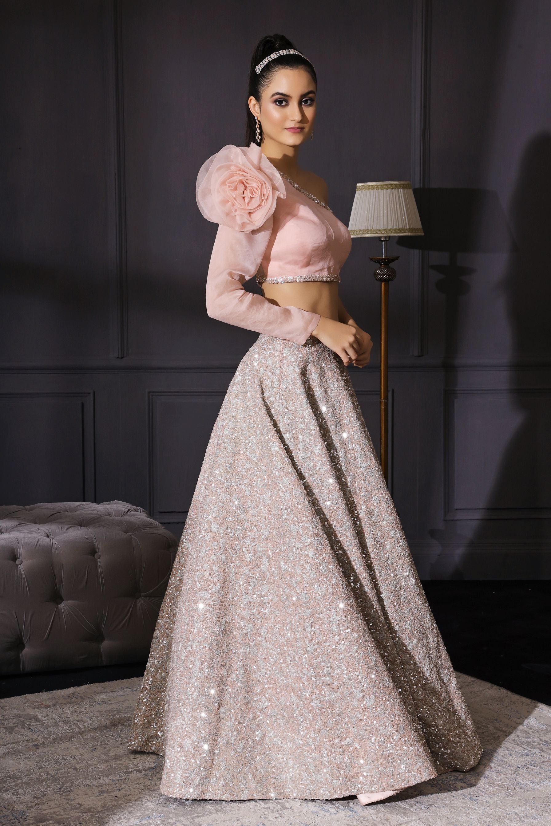 Rupali – champagne organza lehenga, bisouNYC
