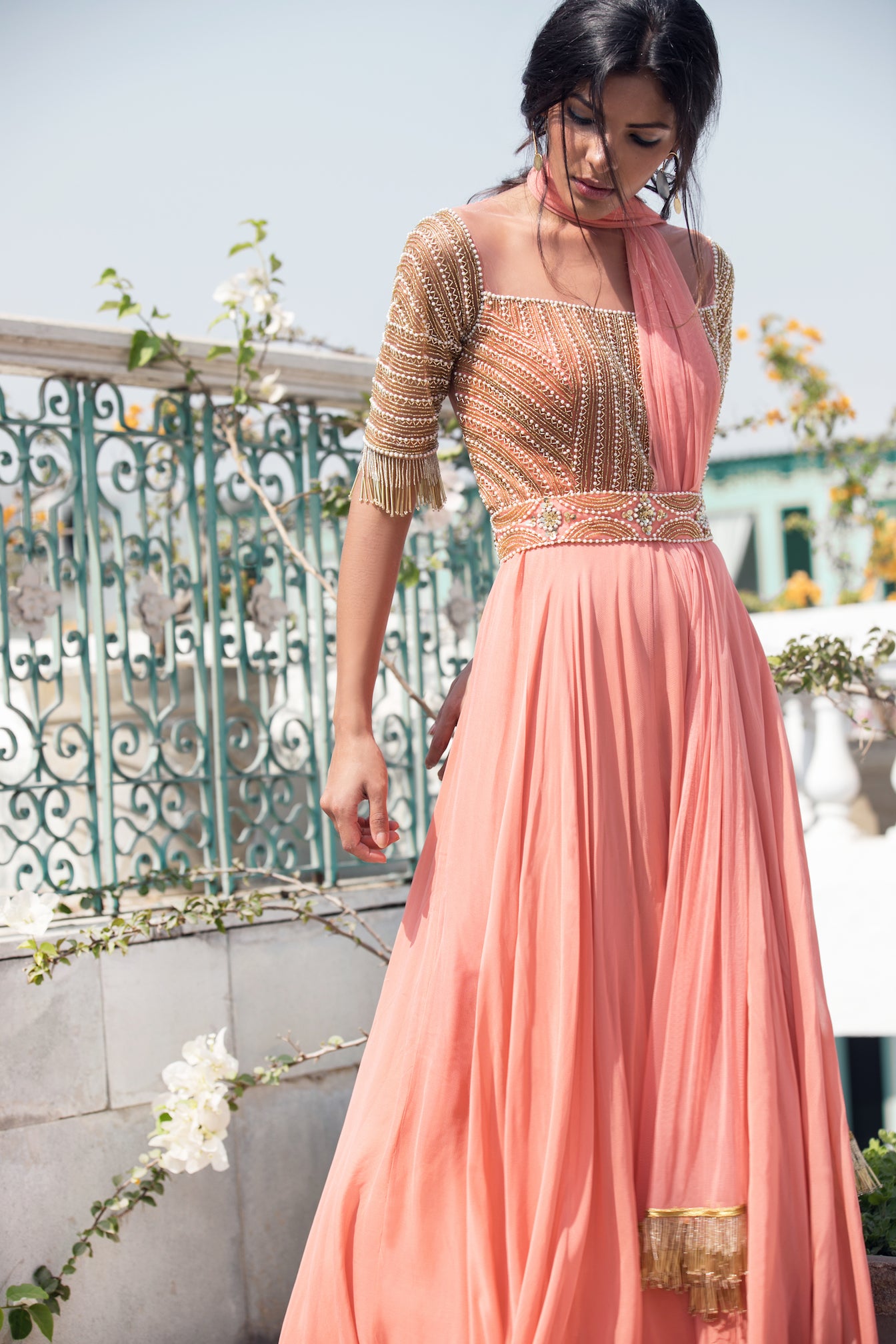 Sabha – peach georgette dress, bisouNYC