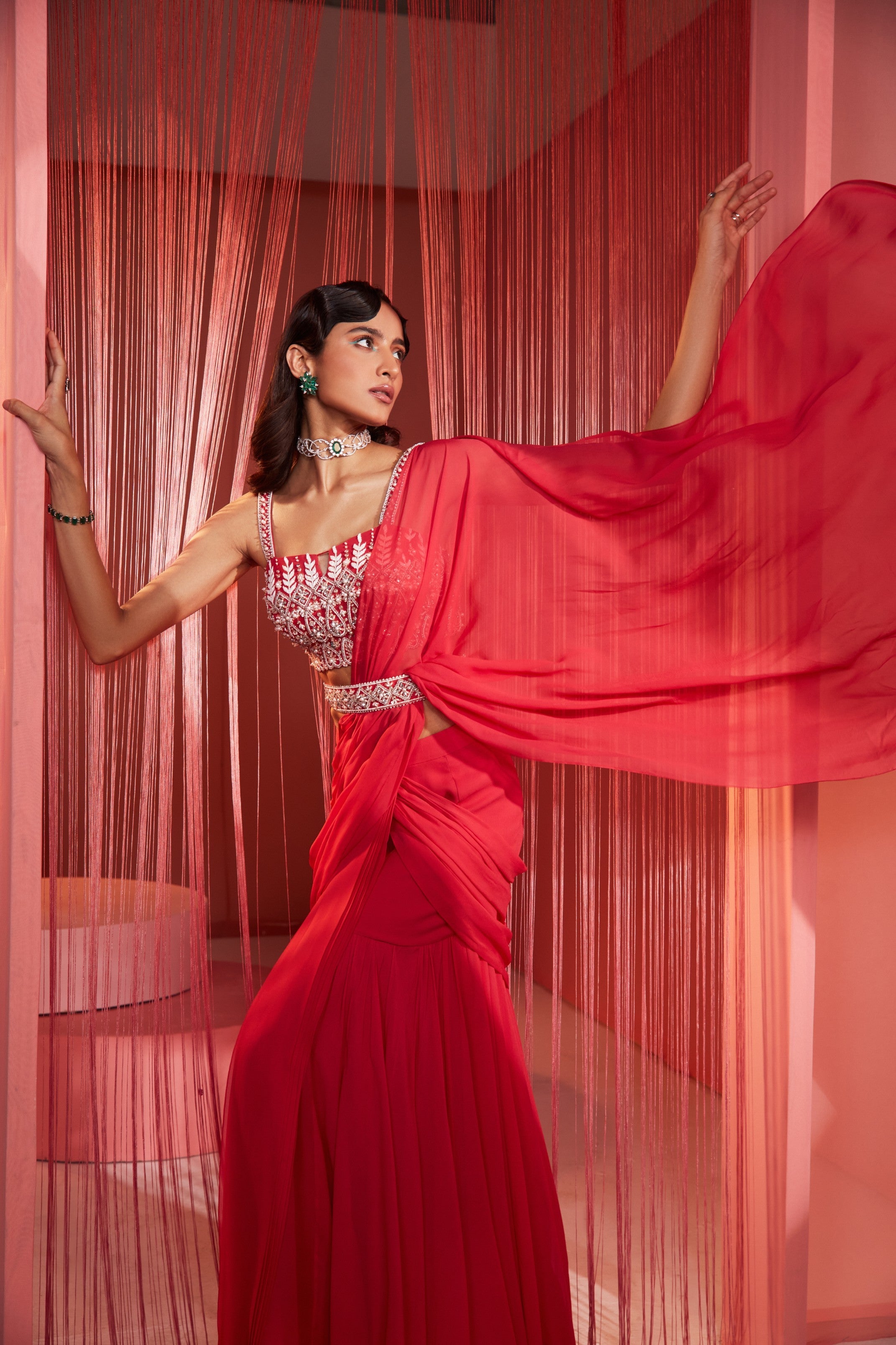 Seema – coral georgette saree, bisouNYC