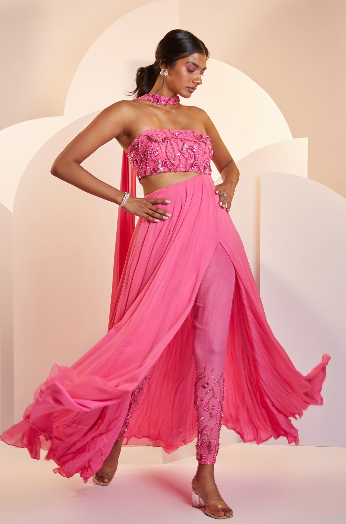 Selena – pink crepe suit, bisouNYC