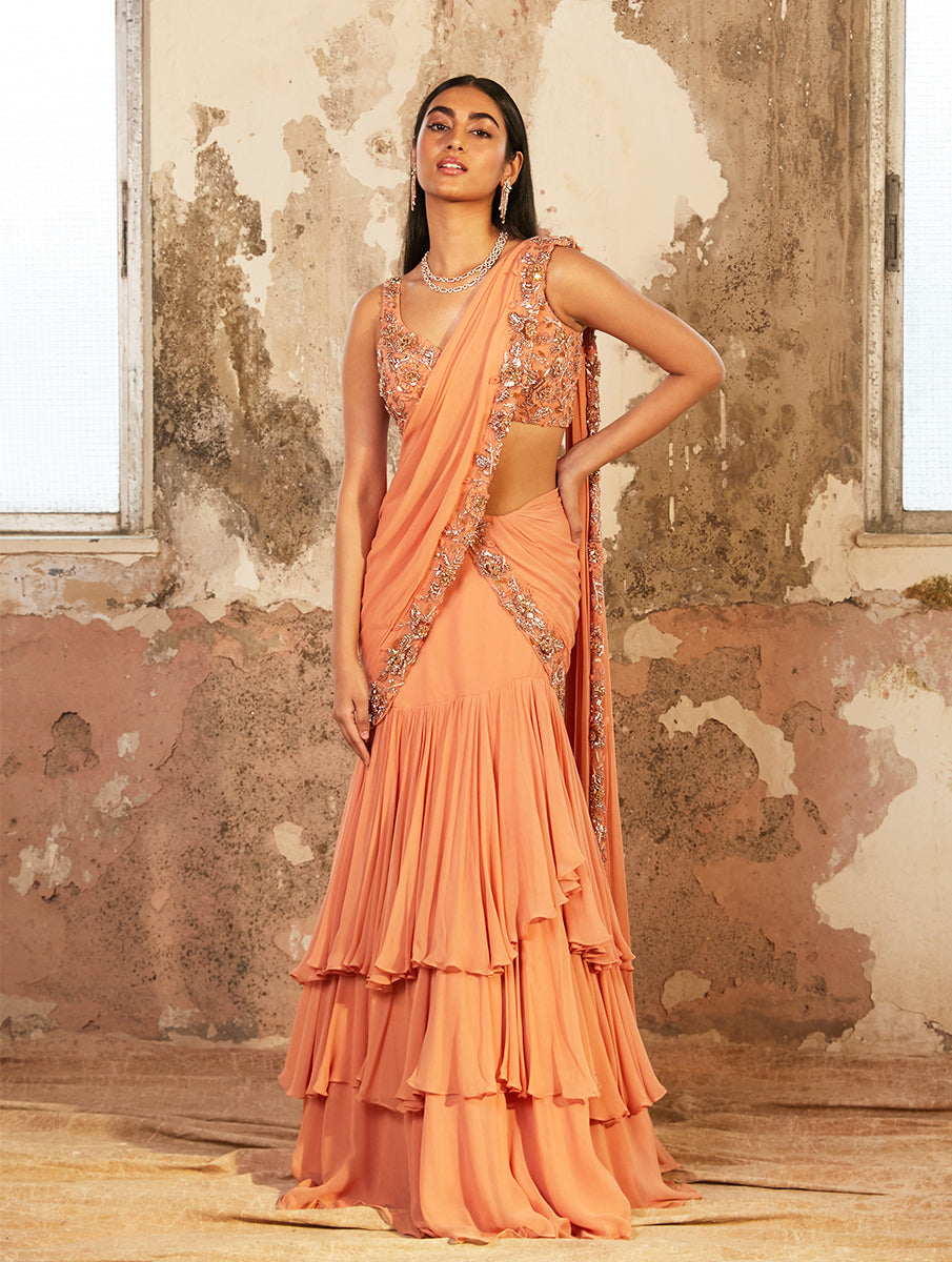 Serena – peach georgette lehenga, bisouNYC