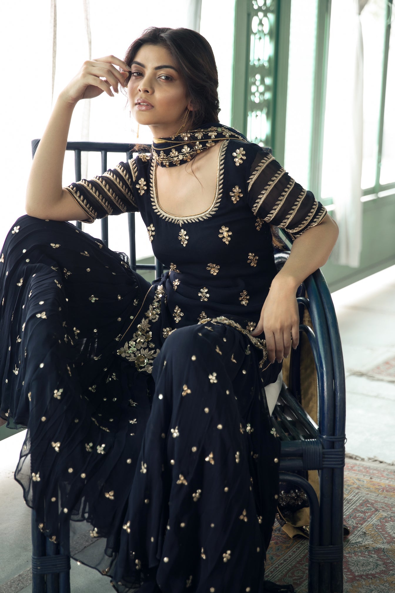 Soha – navy georgette suit, bisouNYC