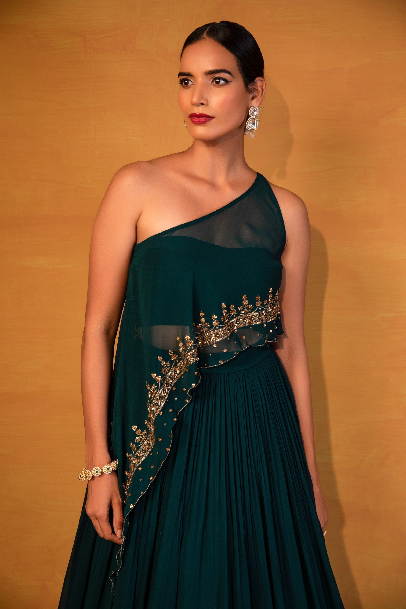 Tina – emerald georgette lehenga, bisouNYC
