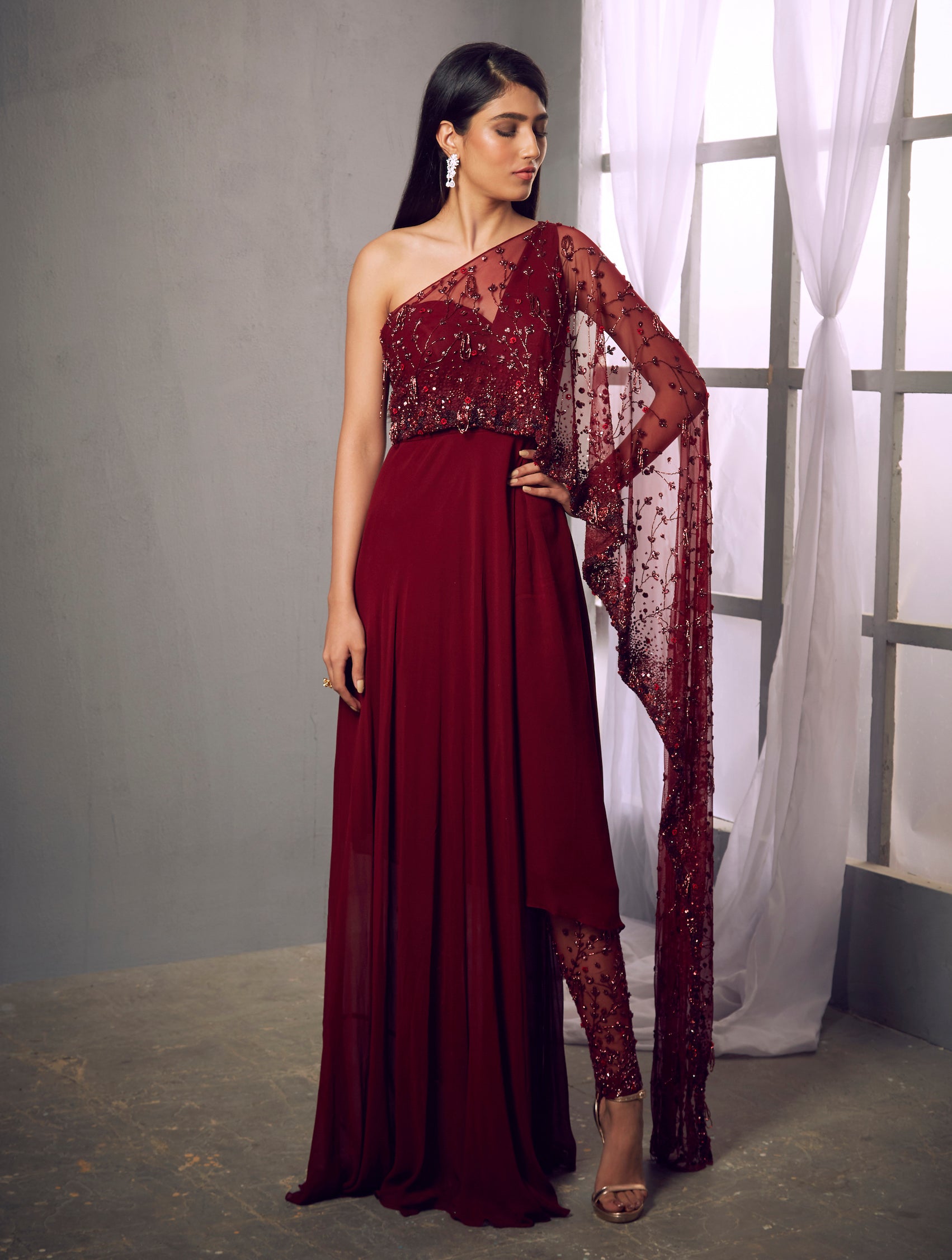 Vermilion – maroon net suit, bisouNYC