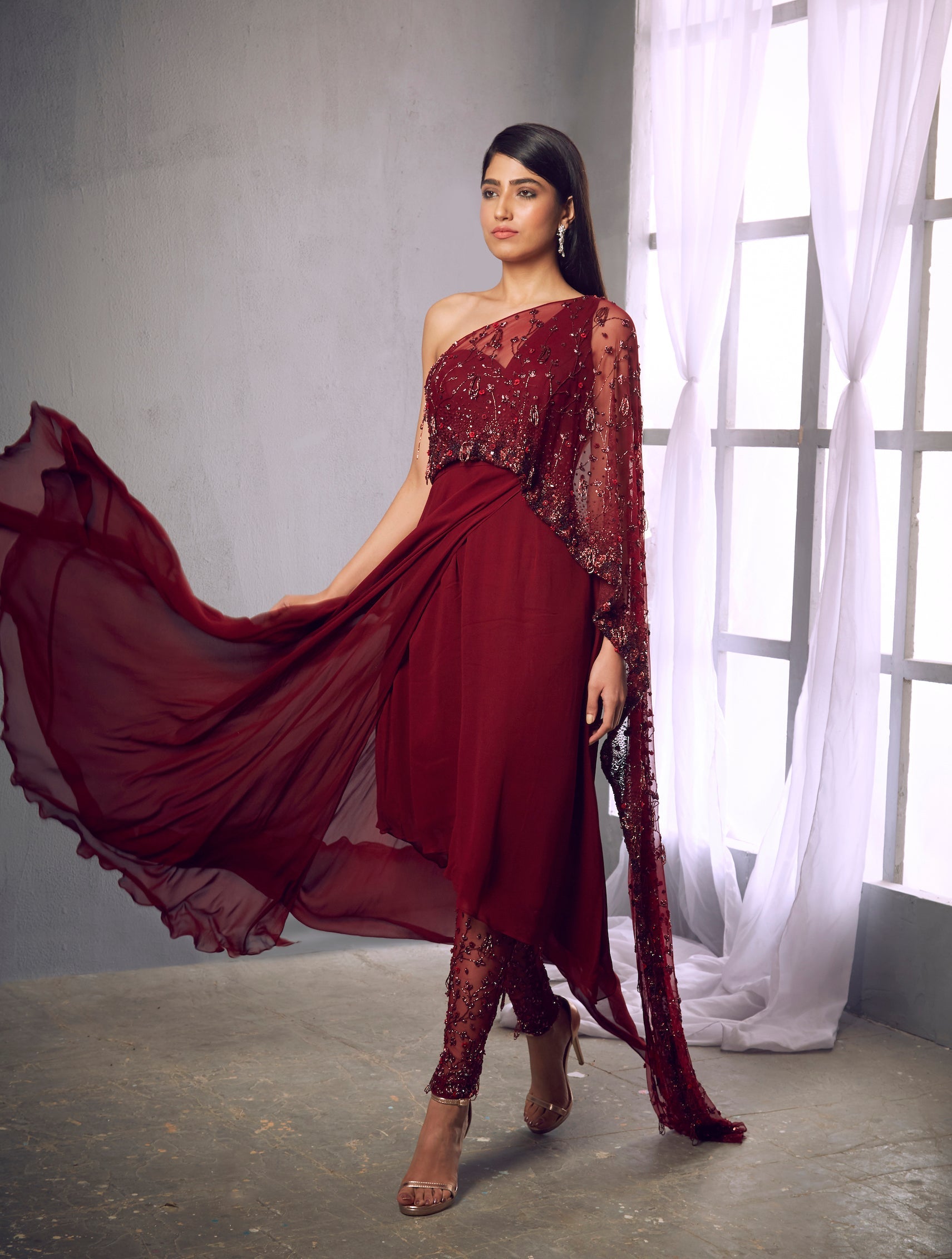 Vermilion – maroon net suit, bisouNYC